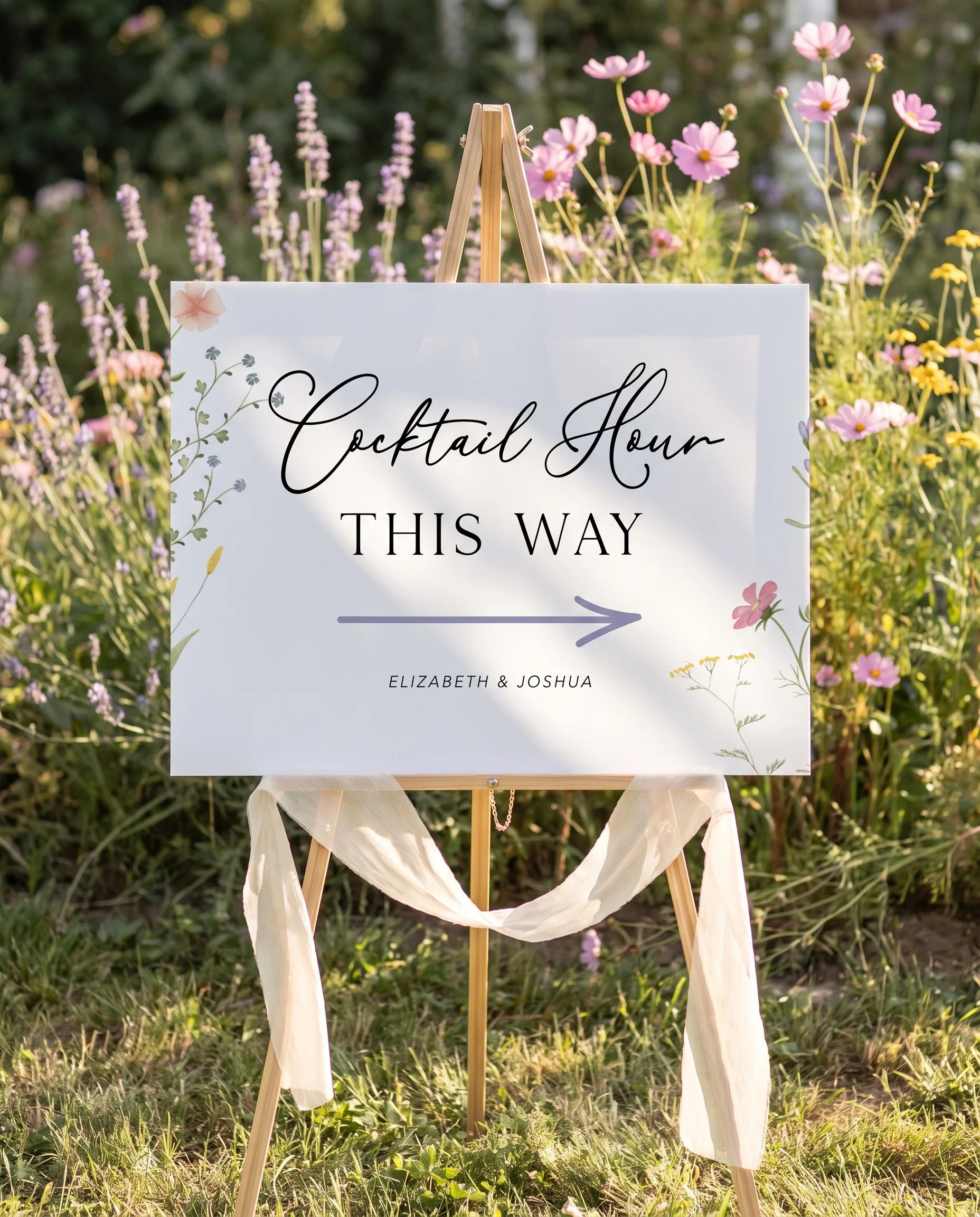 Floret Veil wedding cocktail hour sign — displayed on an easel under soft natural light at a slight overhead angle, wedding signs.