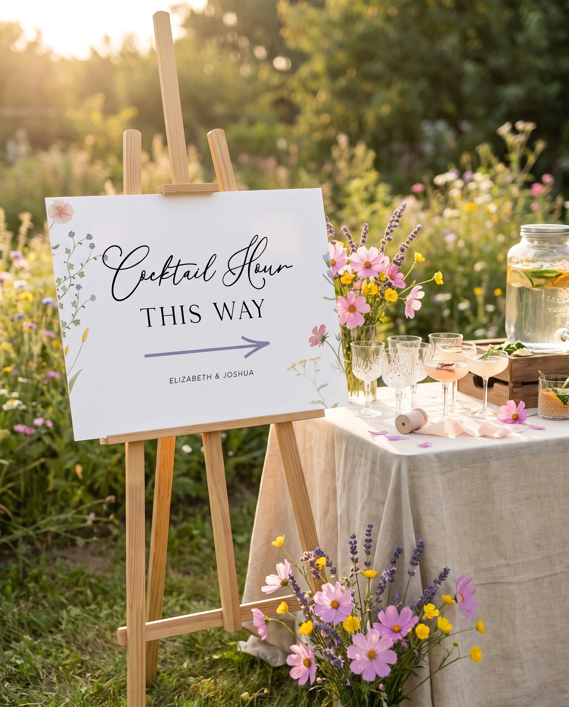 Floret Veil wedding cocktail hour sign — displayed beside a drinks station on premium editorial paper under soft natural light, cocktail hour sign.