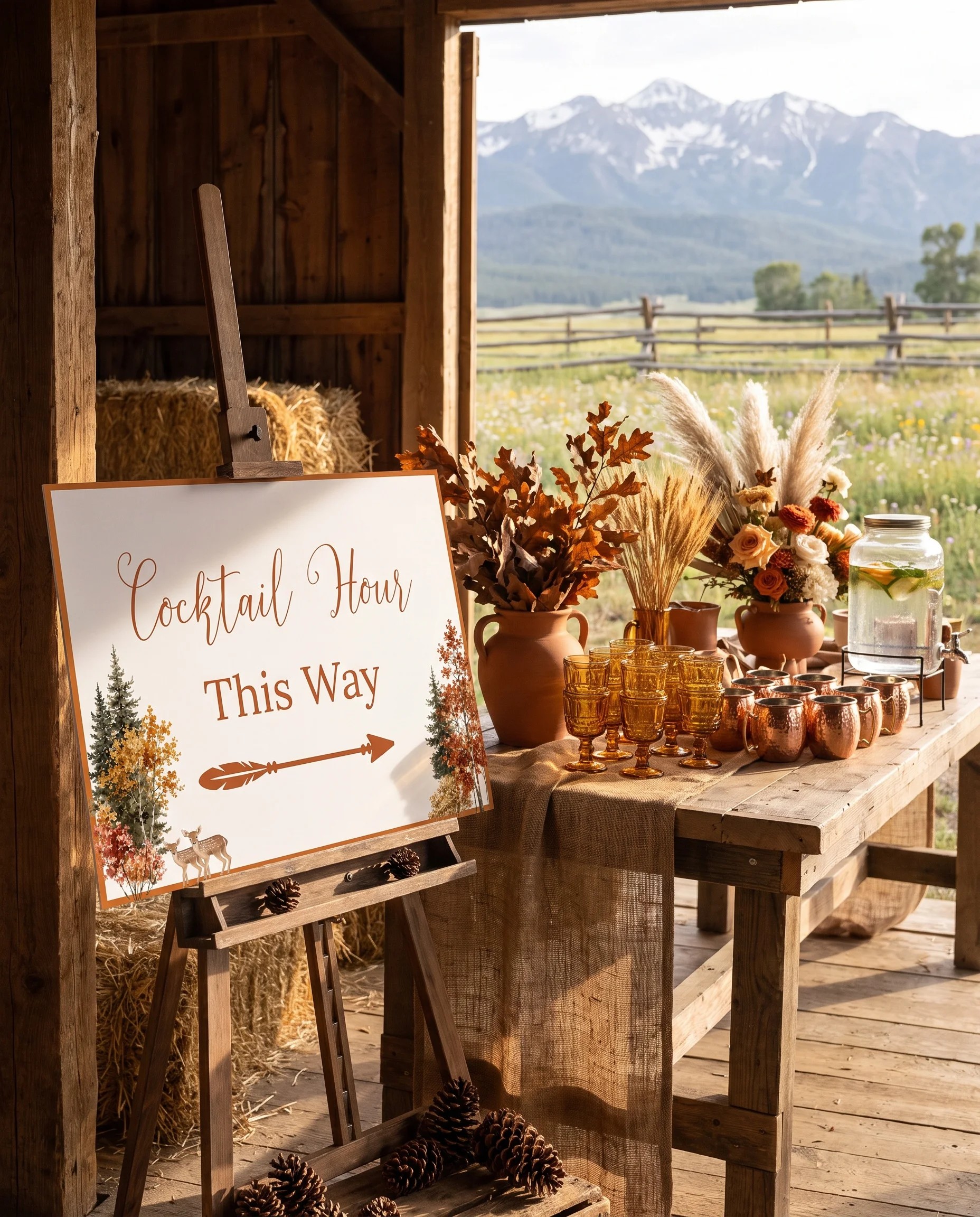 Autumn Vale wedding cocktail hour sign — shown beside a drinks station on premium editorial paper in soft natural light, cocktail hour sign.
