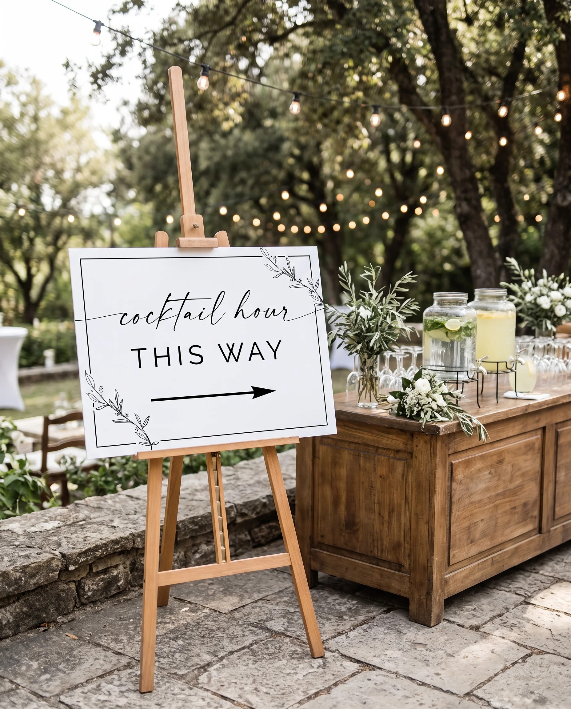 Willow Script wedding cocktail hour sign — displayed beside a drinks station on premium editorial paper under soft natural light, cocktail hour sign.