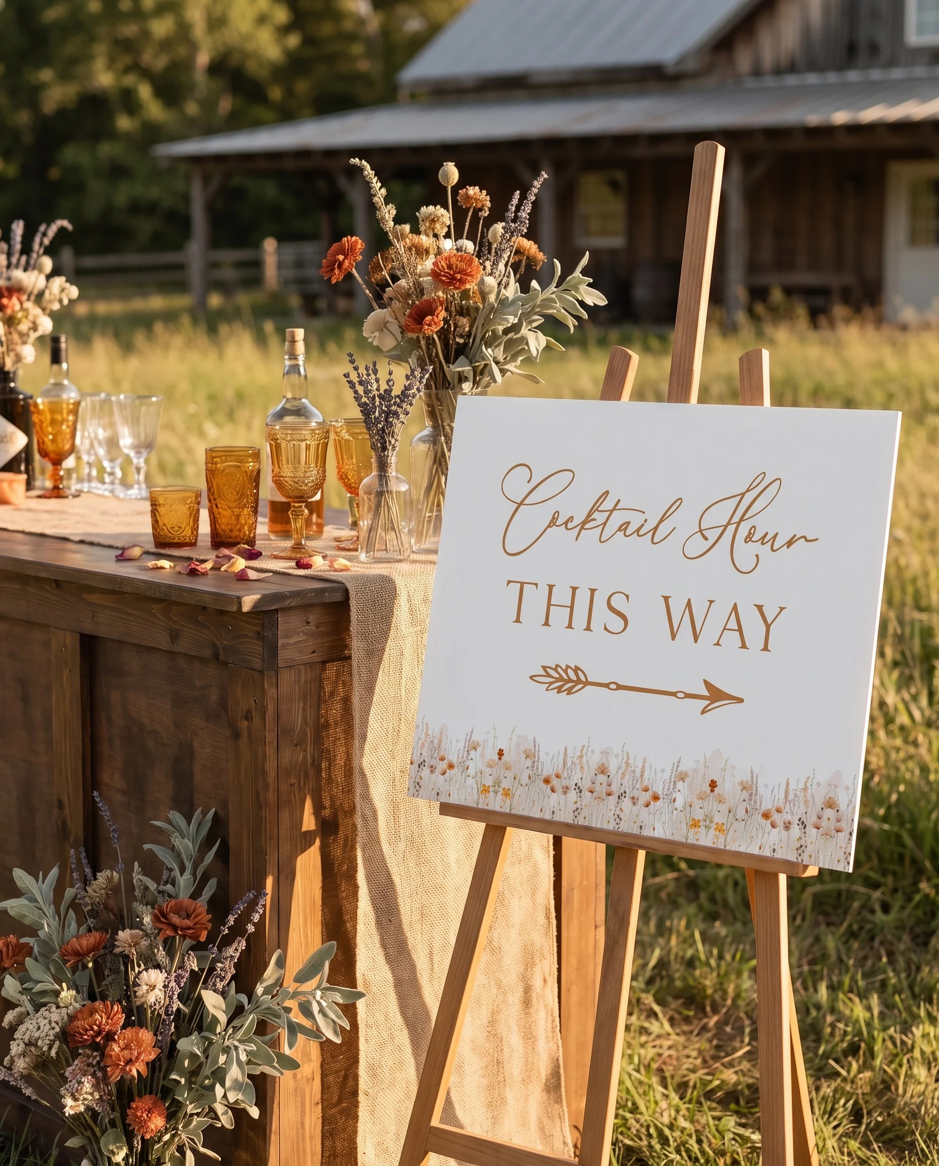 Amber Meadow wedding cocktail hour sign — shown beside a drinks station on premium editorial paper in soft natural light, cocktail hour sign.