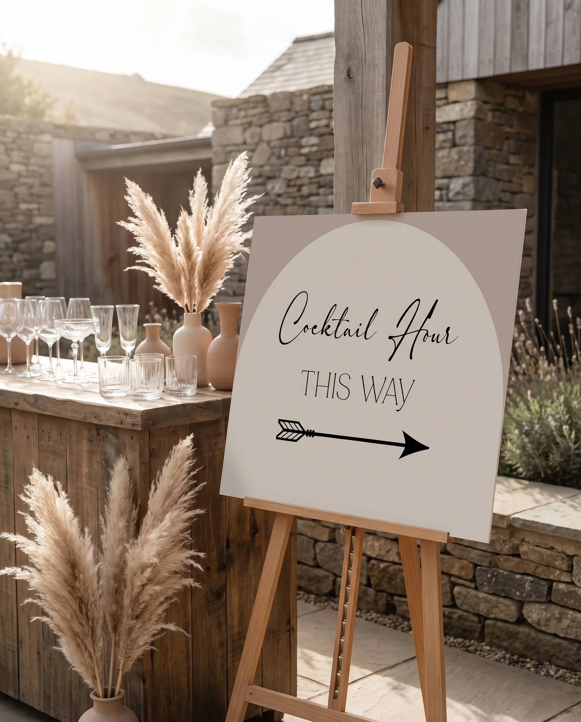 Tassel Arc wedding cocktail hour sign — displayed beside a drinks station on premium editorial paper in soft natural light, cocktail hour sign.