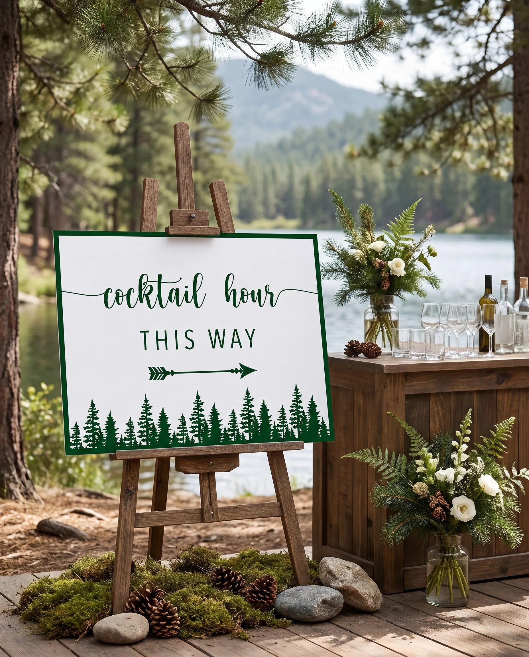 Evergreen Star wedding cocktail hour sign — shown beside a drinks station on premium editorial paper in soft natural light, cocktail hour sign.