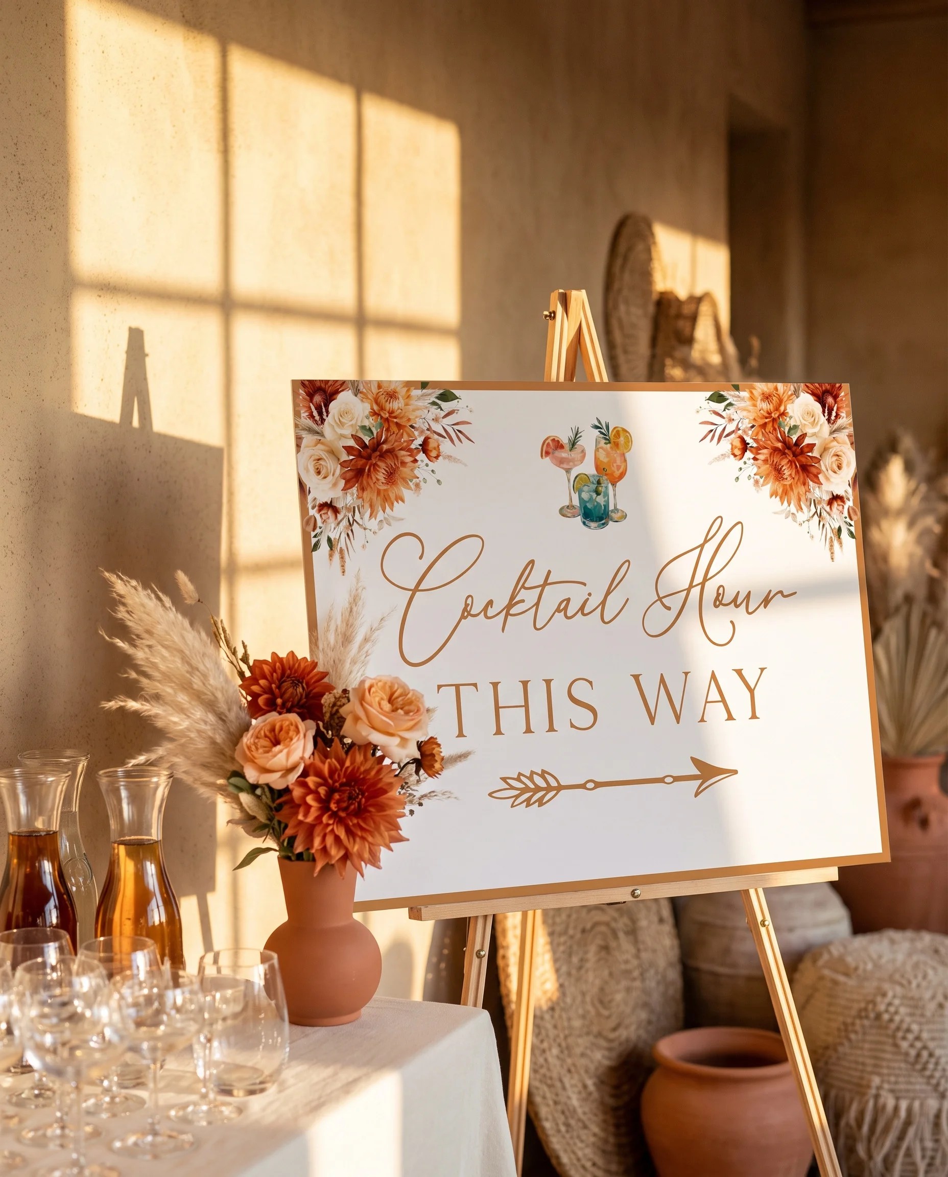 Marigold wedding cocktail hour sign — shown beside a drinks station on premium editorial paper under soft natural light, cocktail hour sign.