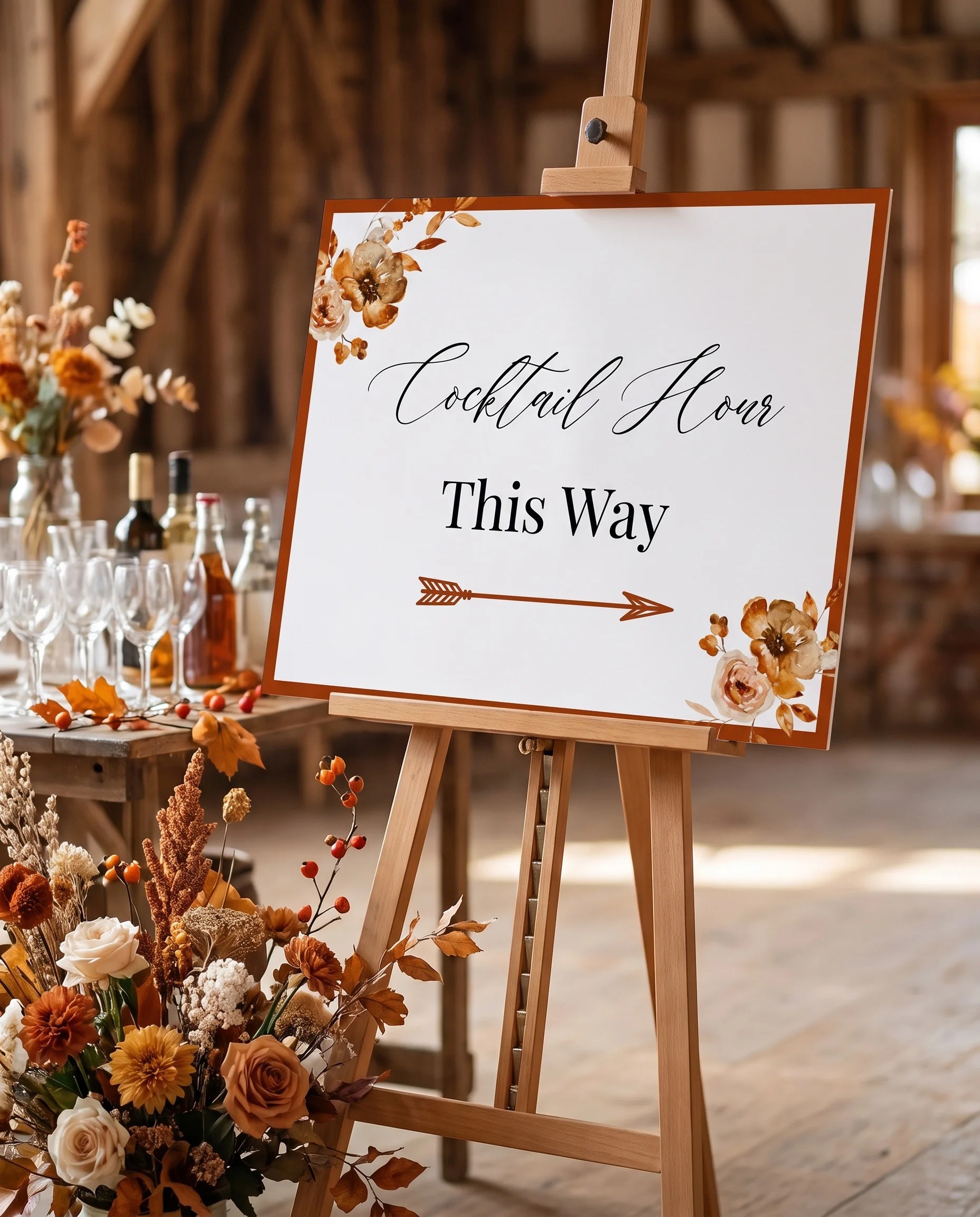 Autumn Bramble wedding cocktail hour sign — displayed beside a drinks station on premium editorial paper in soft natural light, cocktail hour sign.