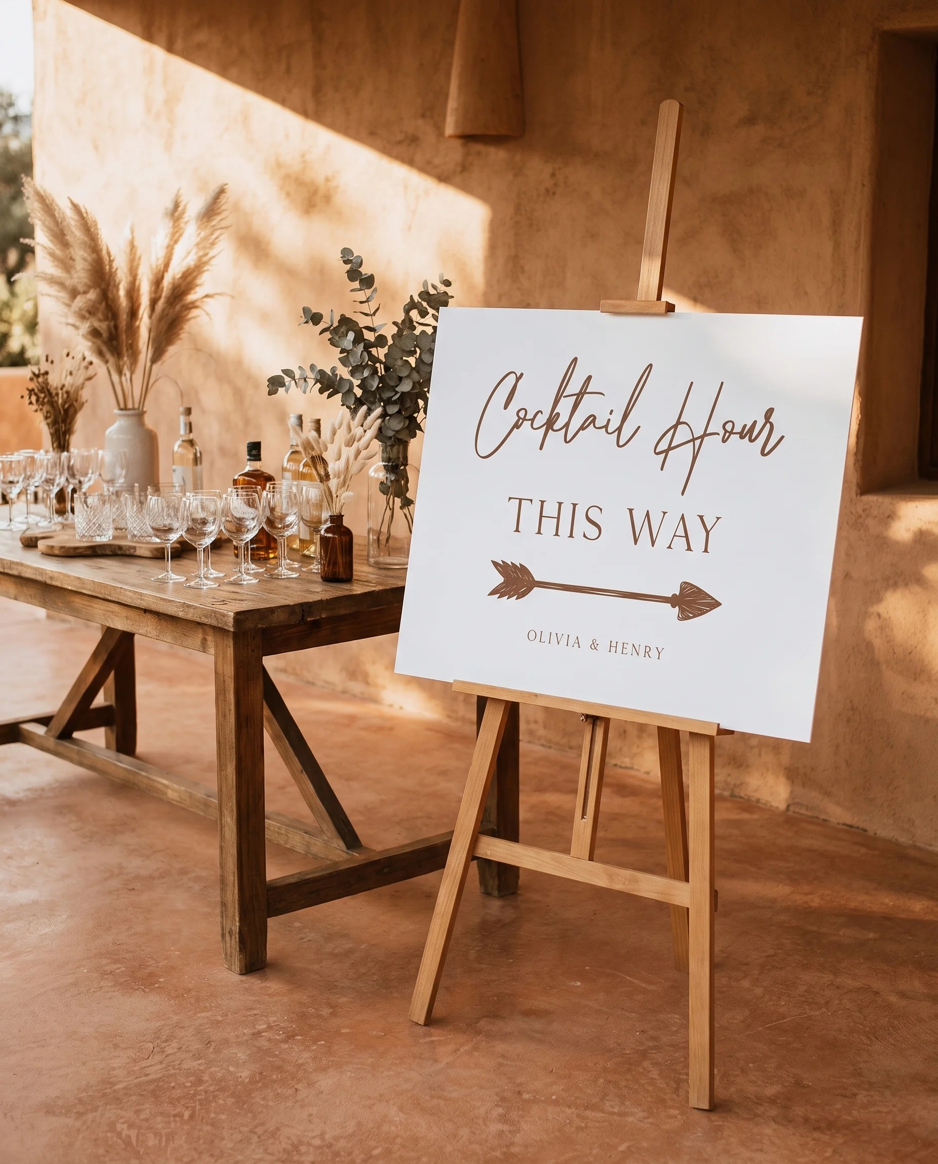 Briar Script wedding cocktail hour sign — displayed beside a drinks station on premium editorial paper under soft natural light, cocktail hour sign.