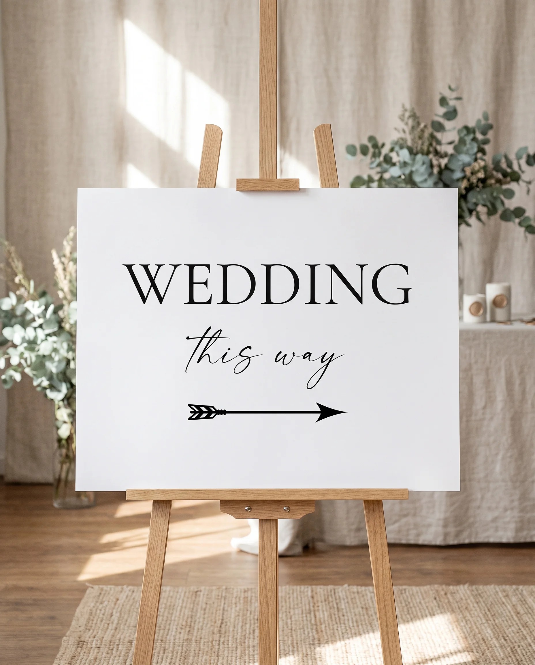 Arcadia wedding directional sign — displayed on an easel under soft natural light with a slight overhead angle, wedding signs