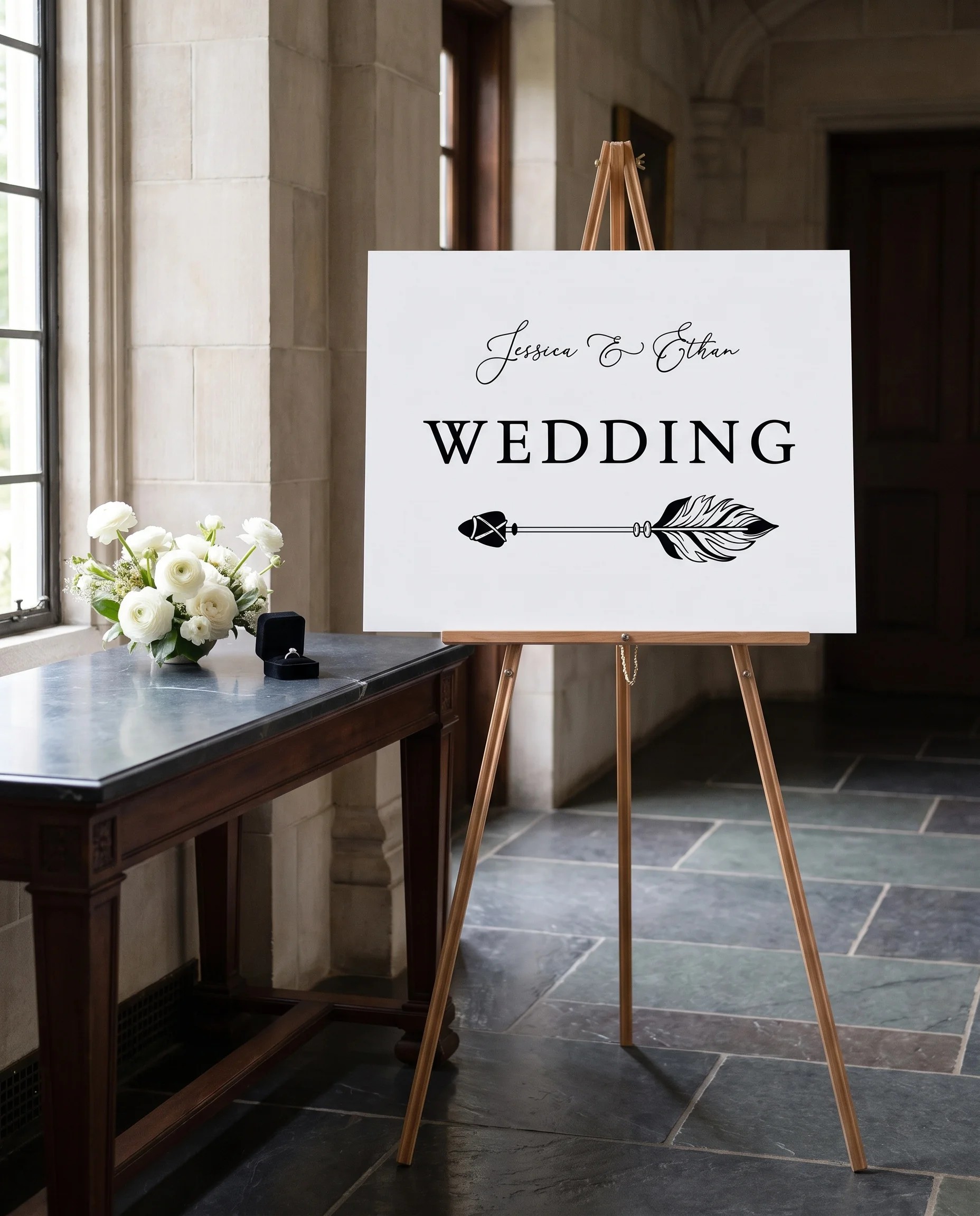 Monochrome Veil wedding directional sign — shown beside furniture for scale on premium editorial paper under soft natural light, printable wedding signs.