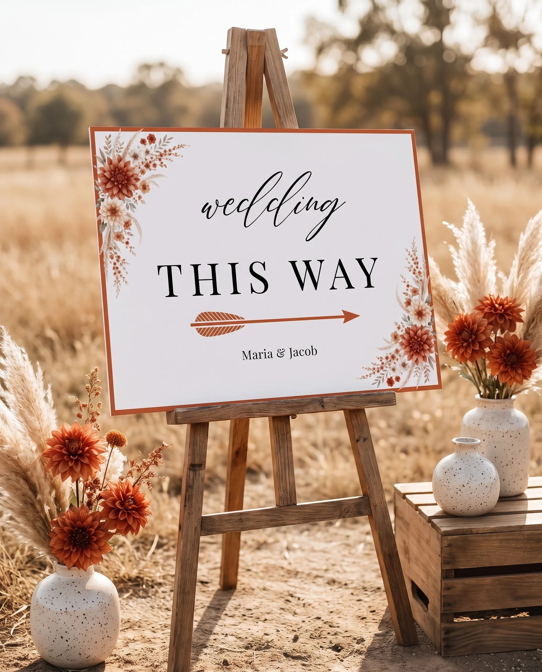 Dahlia Ember wedding directional sign — displayed at a wedding venue under soft natural light with a slight overhead angle, wedding signage.