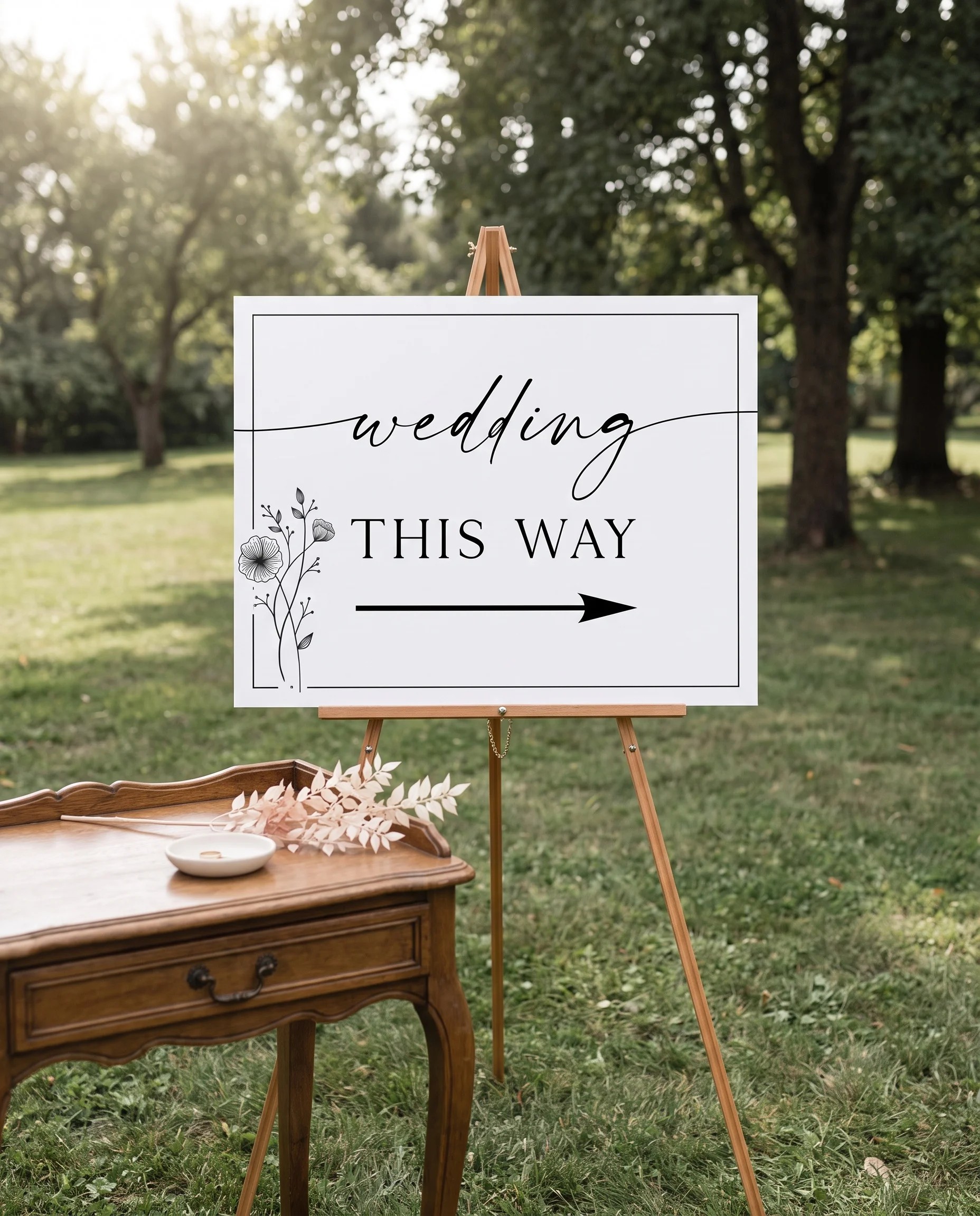 Hush Bloom wedding directional sign — shown beside furniture for scale under soft natural light, printable wedding signs.