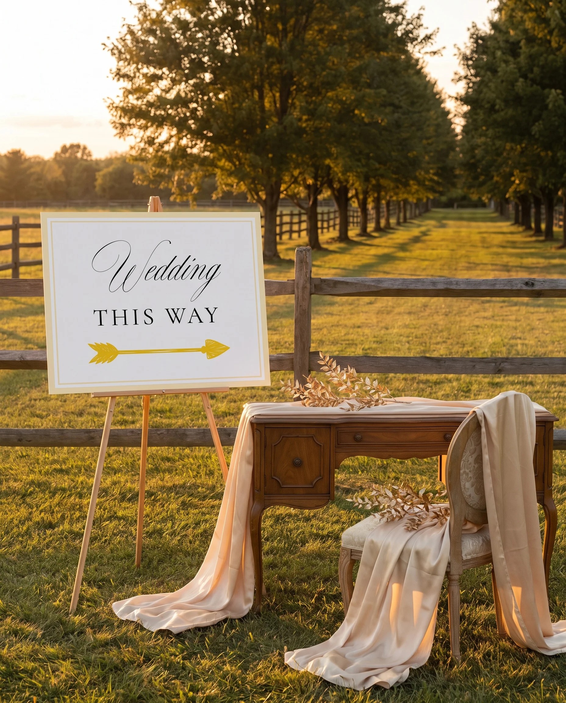 Gilded Bough wedding directional sign — shown beside furniture for scale under soft natural light, printable wedding signs.