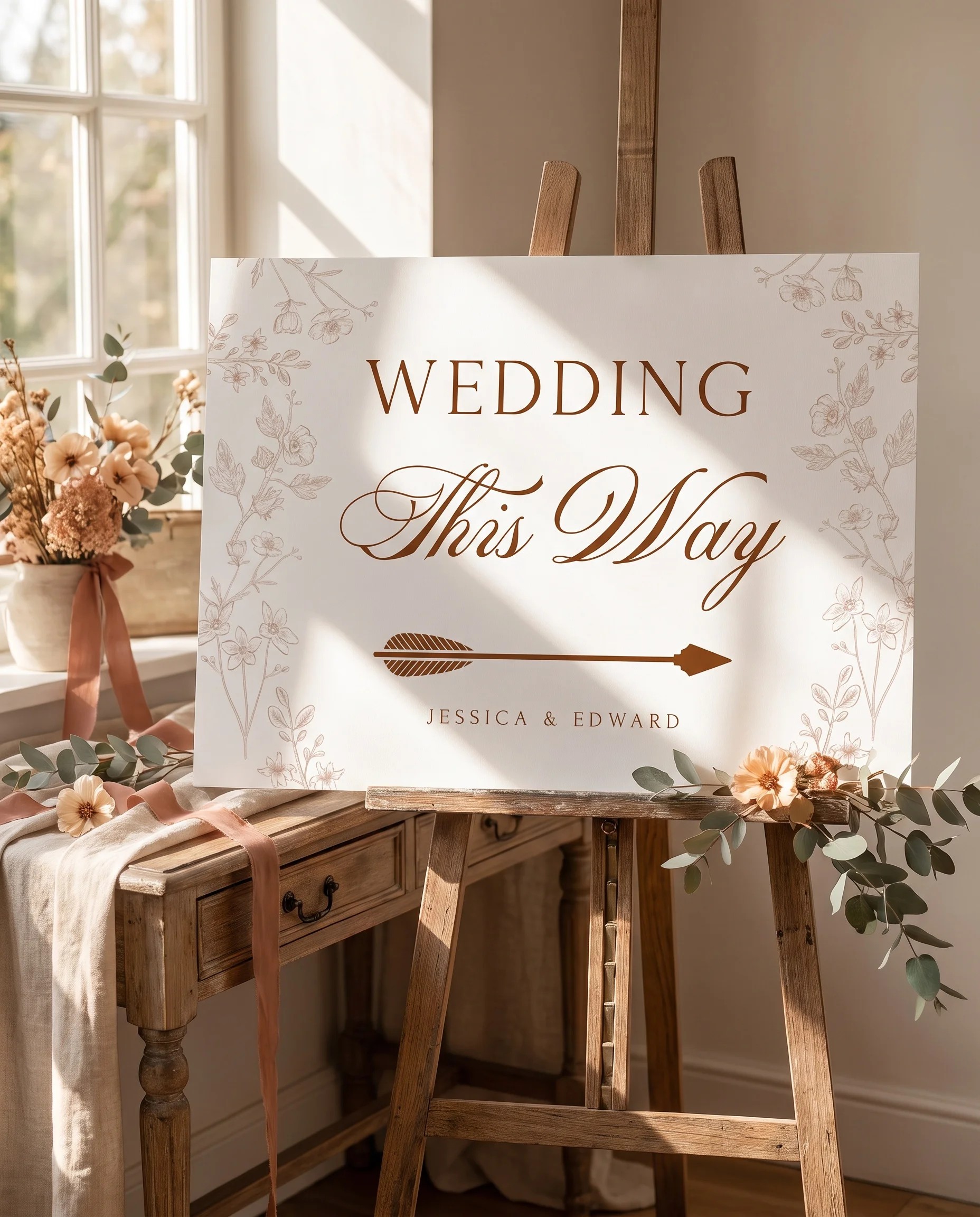 Petalcrest wedding directional sign — shown beside furniture for scale on premium editorial paper under soft natural light, printable wedding signs.