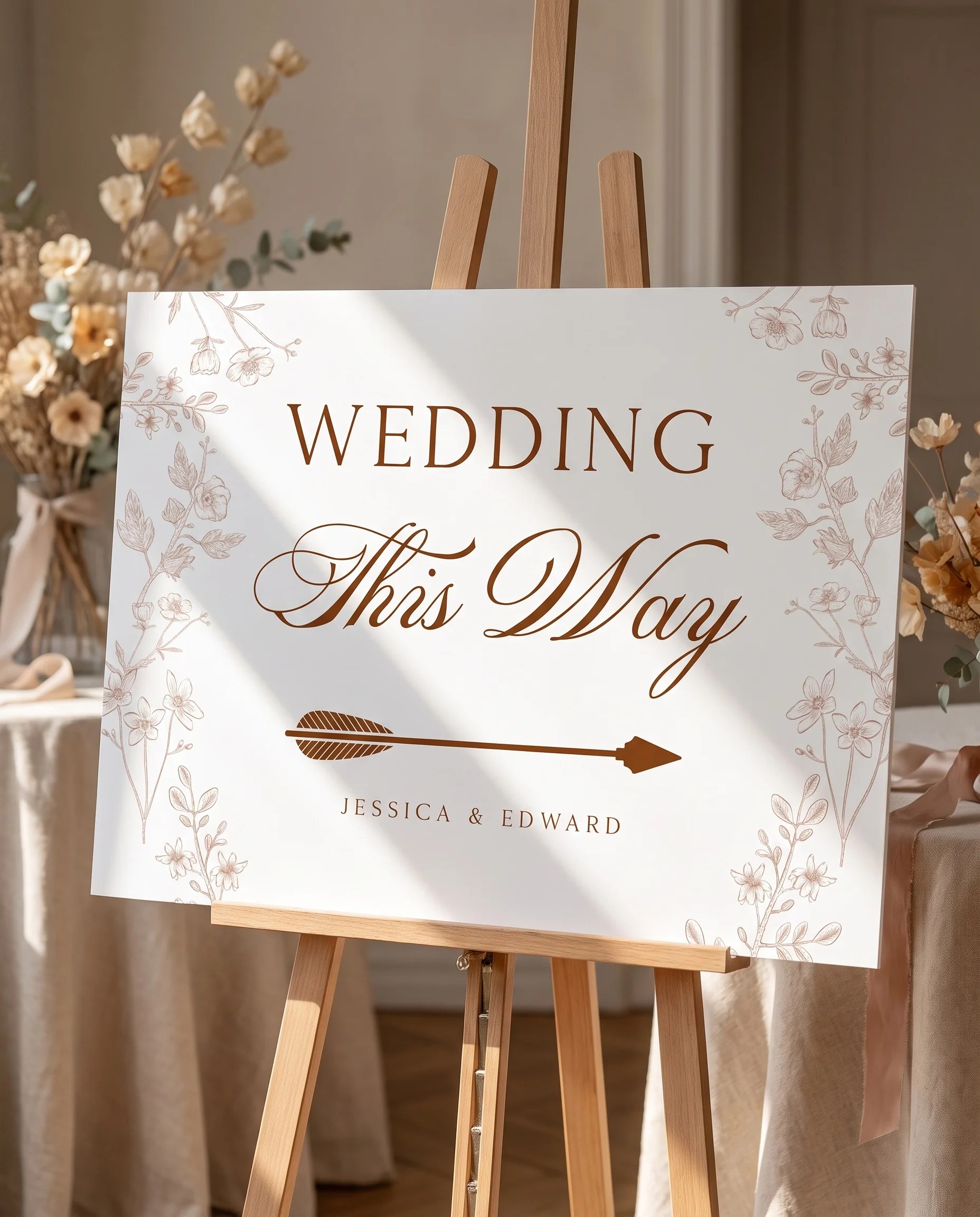 Petalcrest wedding directional sign — displayed in a wedding venue setting under soft natural light, wedding signage.