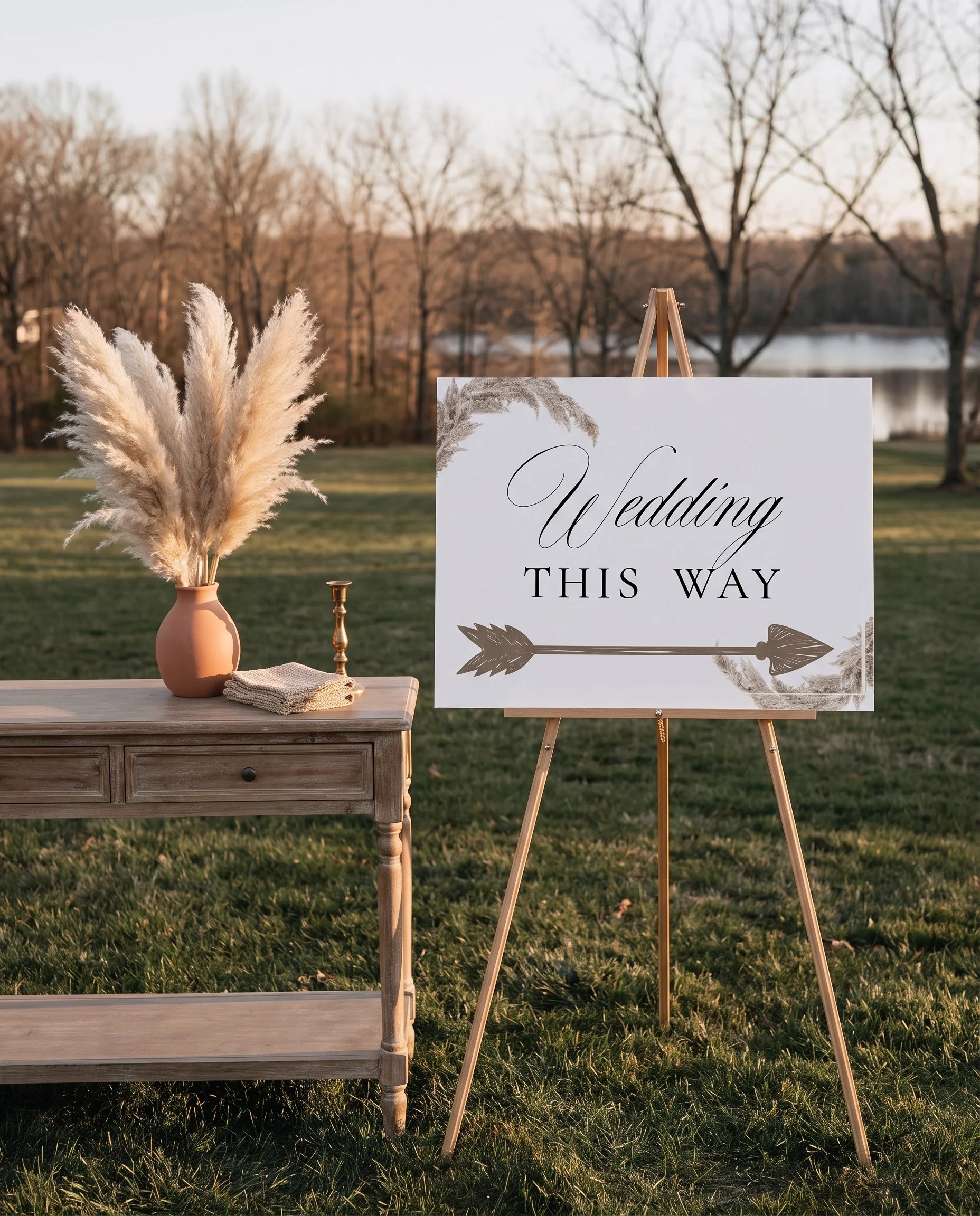 Pampas wedding directional sign — shown beside furniture for scale on premium editorial paper under soft natural light, printable wedding signs.