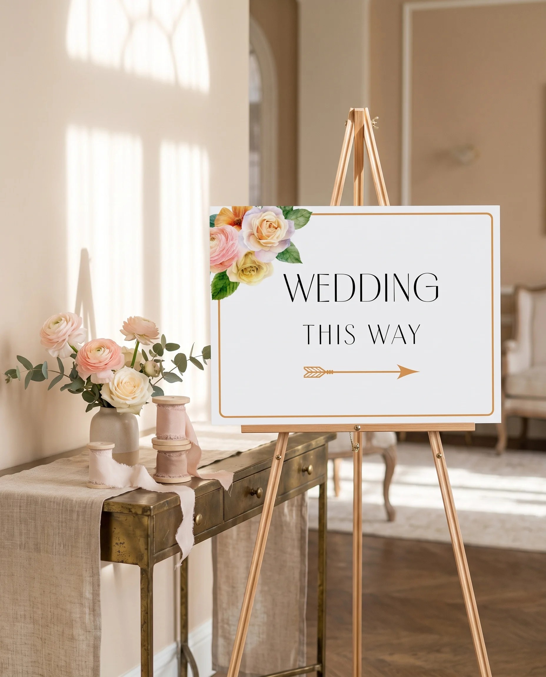 Petal Glade wedding directional sign — shown beside furniture for scale, softly lit from a slight overhead angle, printable wedding signs.