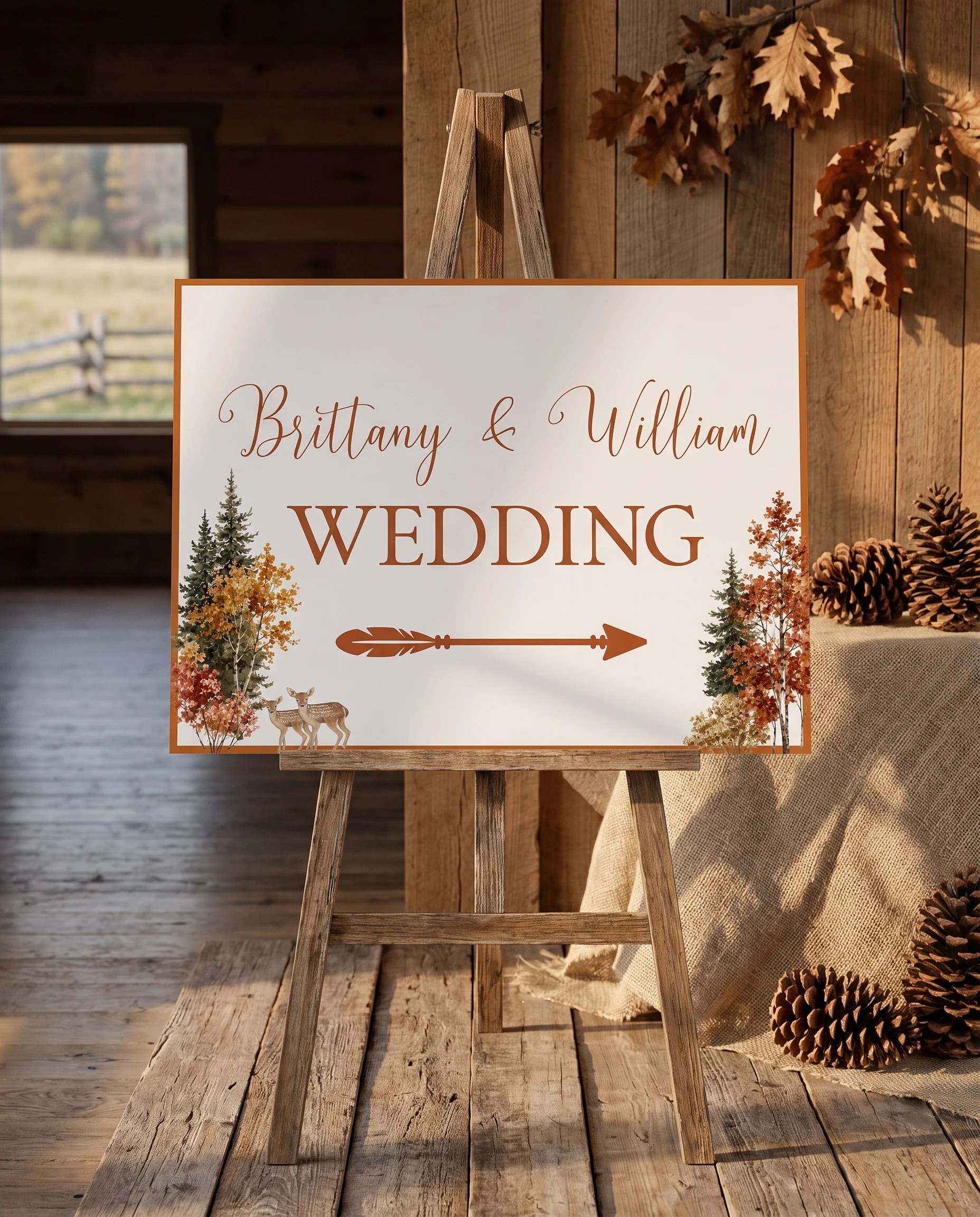 Autumn Vale wedding directional sign — displayed beside furniture for scale on premium editorial paper under soft natural light, printable wedding signs