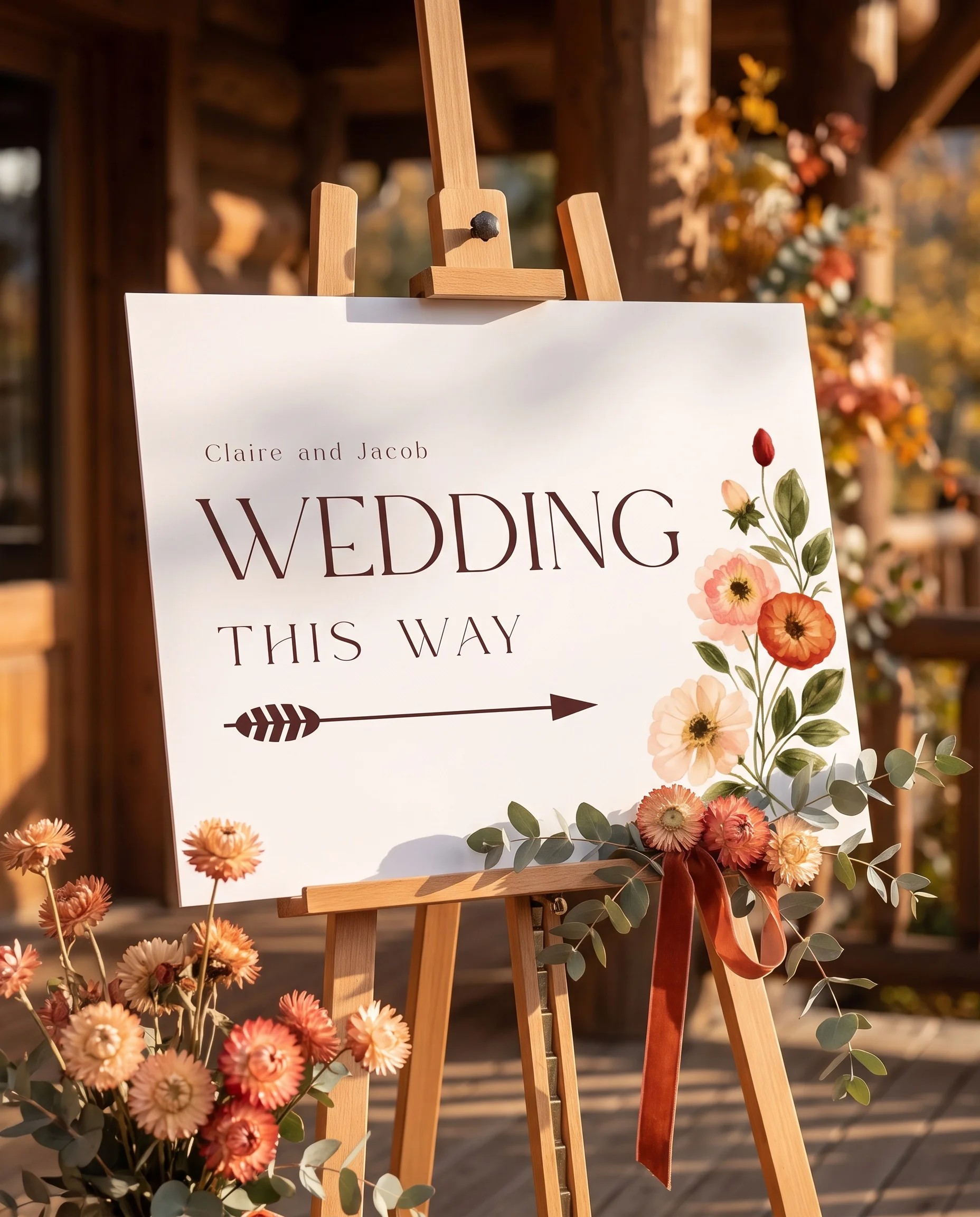 Eucalyptus Bloom wedding directional sign — displayed in a wedding venue setting under soft natural light, wedding signage.