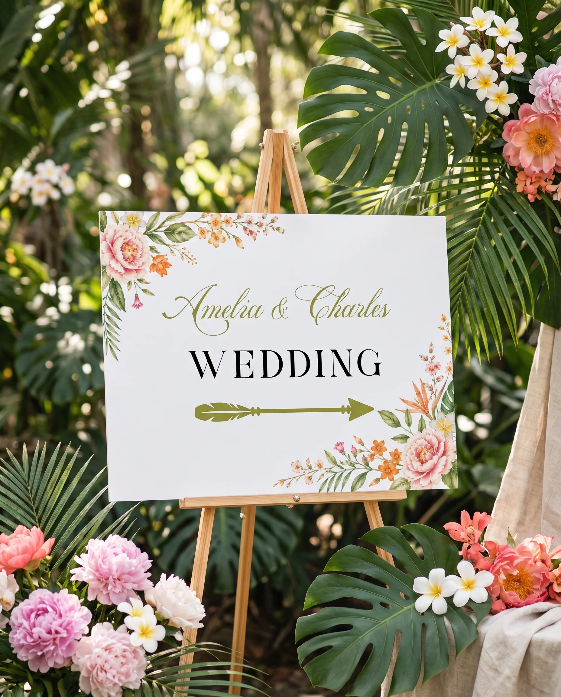 Plumeria Peony wedding directional sign — shown in a wedding venue setting under soft natural light, wedding signage.