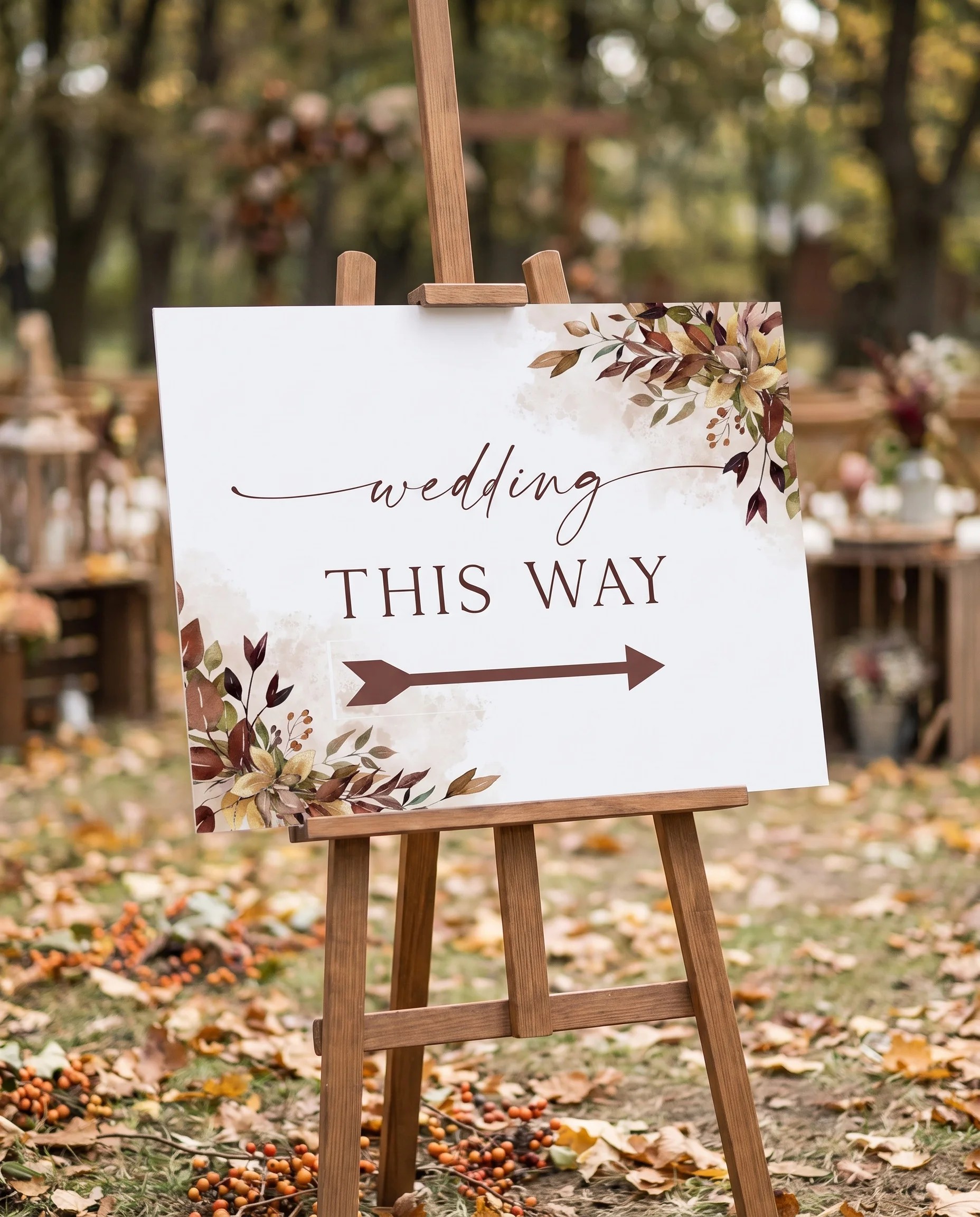 Autumn Bough wedding directional sign — displayed in a wedding venue setting under soft natural light with a slight overhead angle, wedding signage.