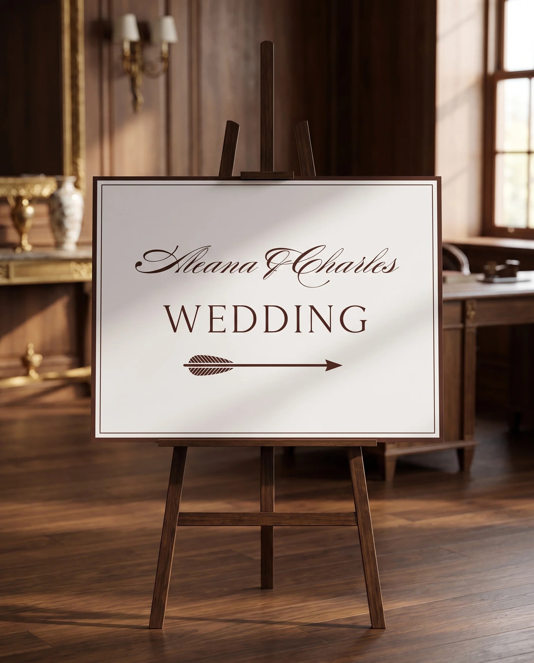 Velour wedding directional sign — displayed on an easel under soft natural light with a slight overhead angle, wedding signs