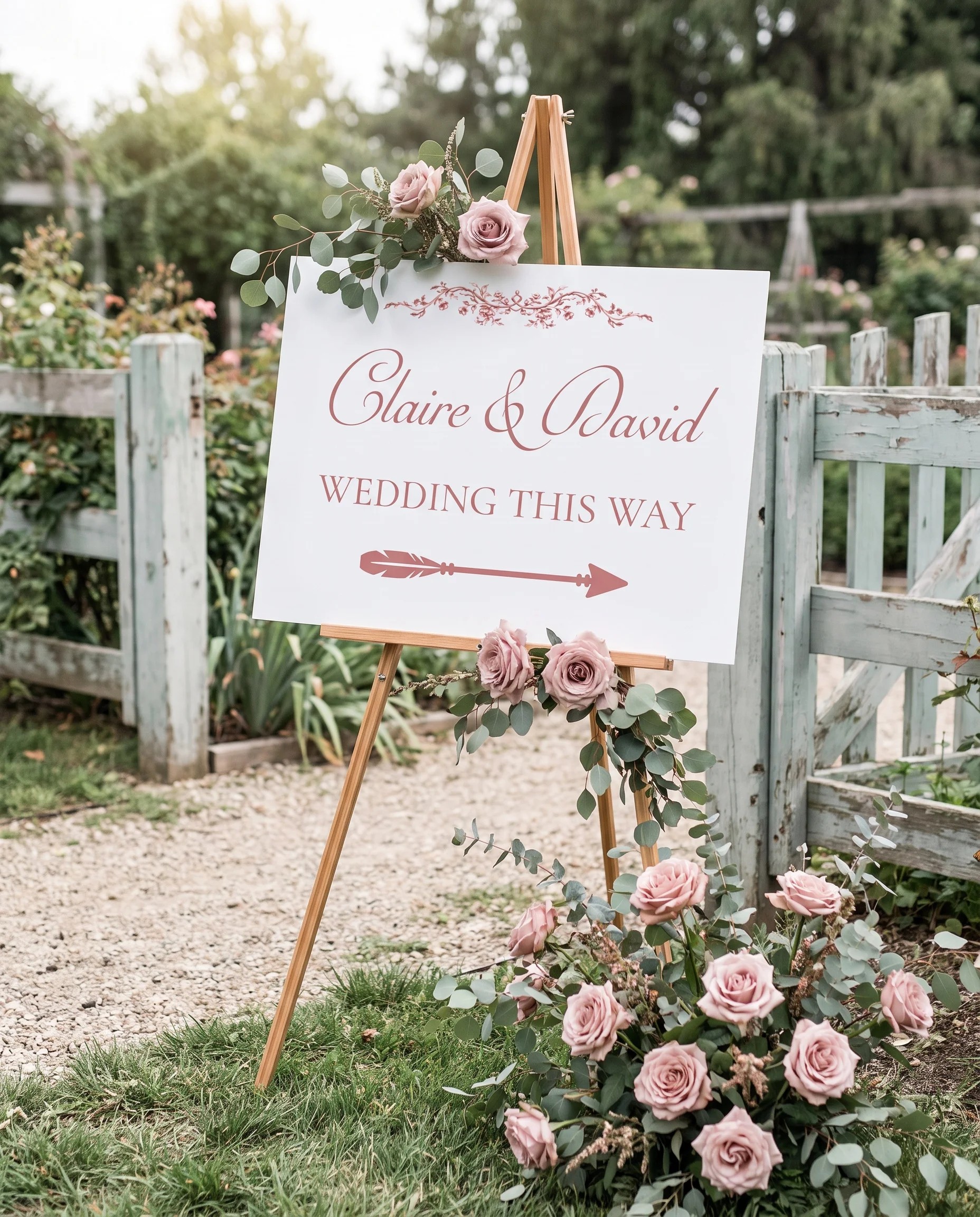 Rosewood Trellis wedding directional sign — shown in a wedding venue setting under soft natural light with a slight overhead angle, wedding signage.