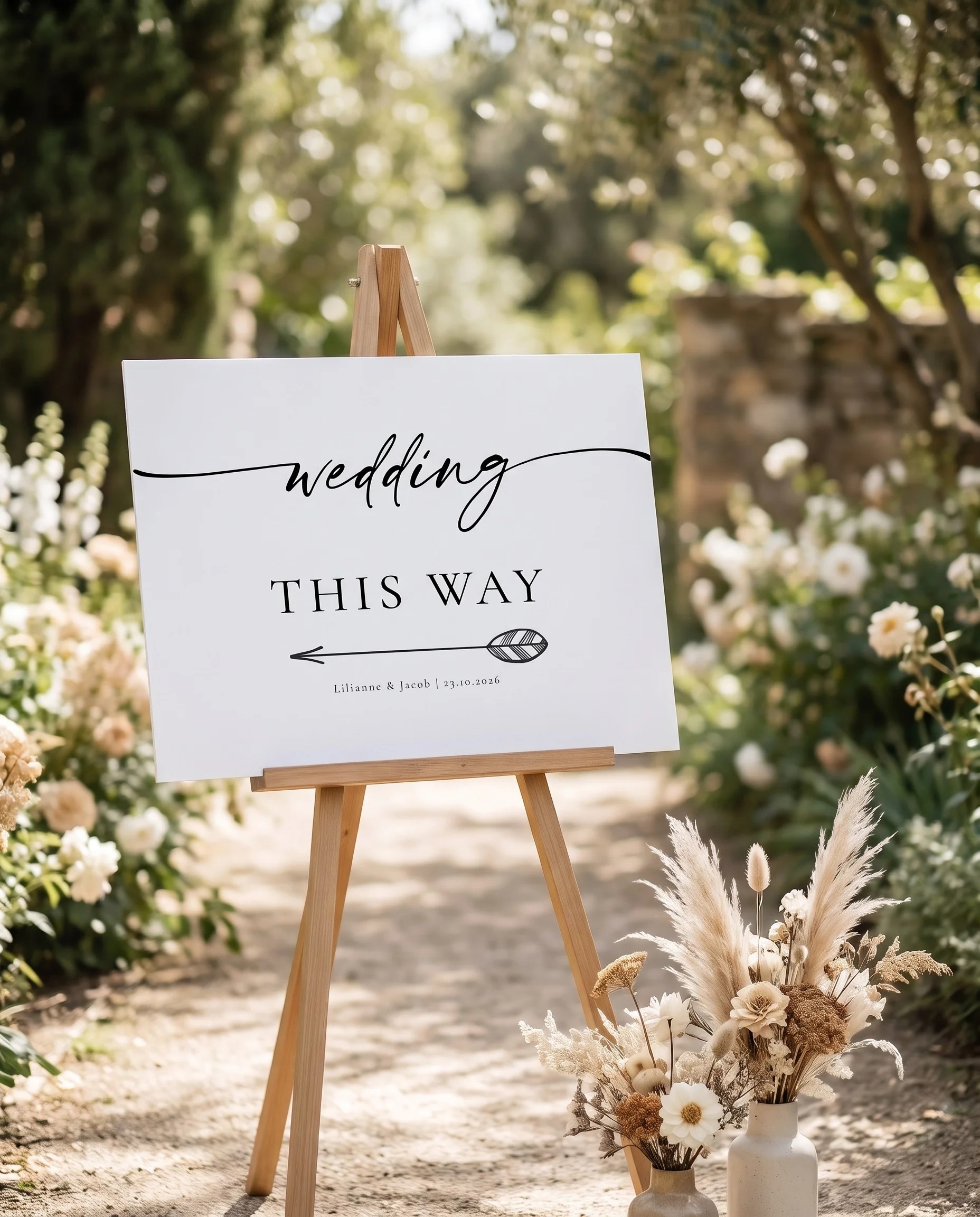 Tonal Reply wedding directional sign — displayed in a wedding venue setting under soft natural light at a slight overhead angle, wedding signage