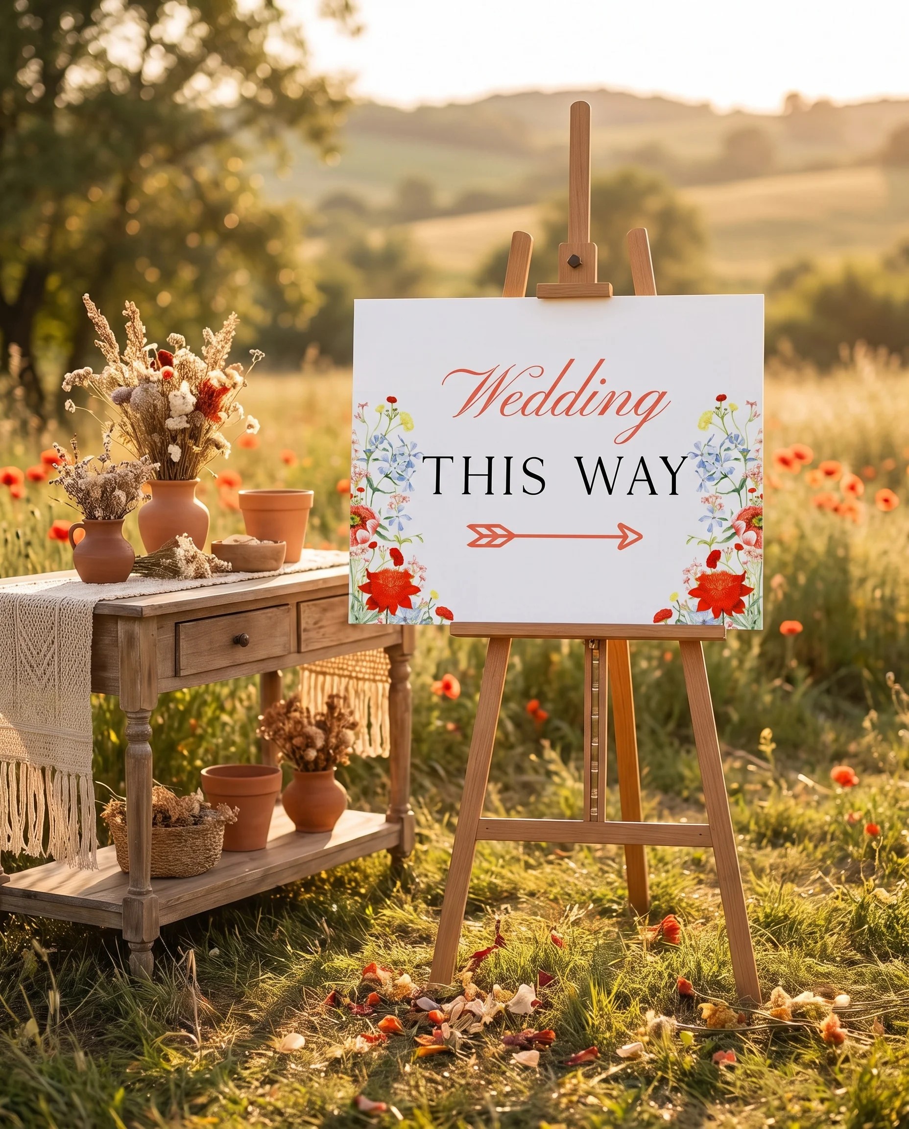 Poppy Meridian wedding directional sign — shown beside furniture for scale on premium editorial paper under soft natural light, printable wedding signs