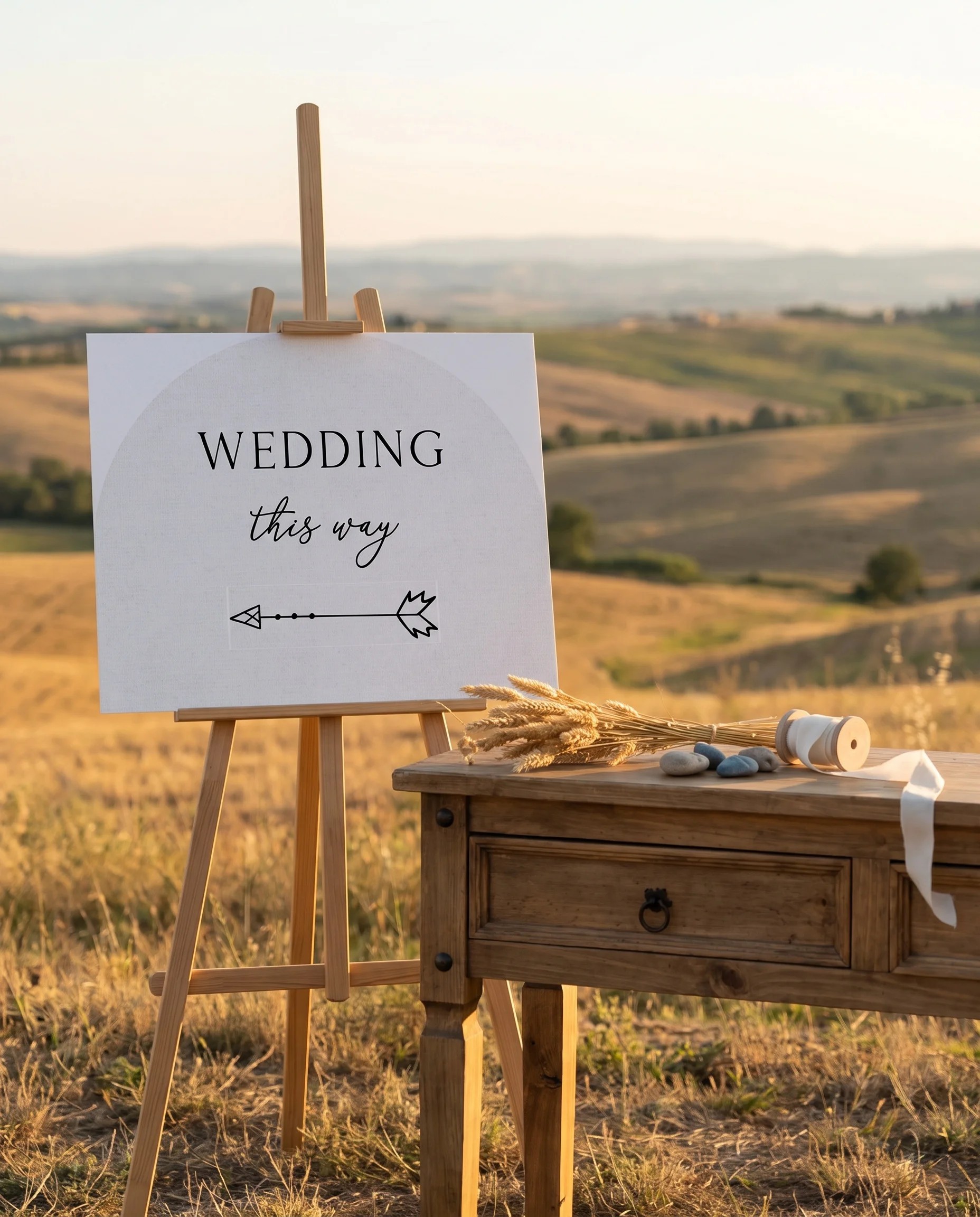 Halo Arch wedding directional sign — shown beside furniture for scale on soft-lit editorial paper, printable wedding signs.