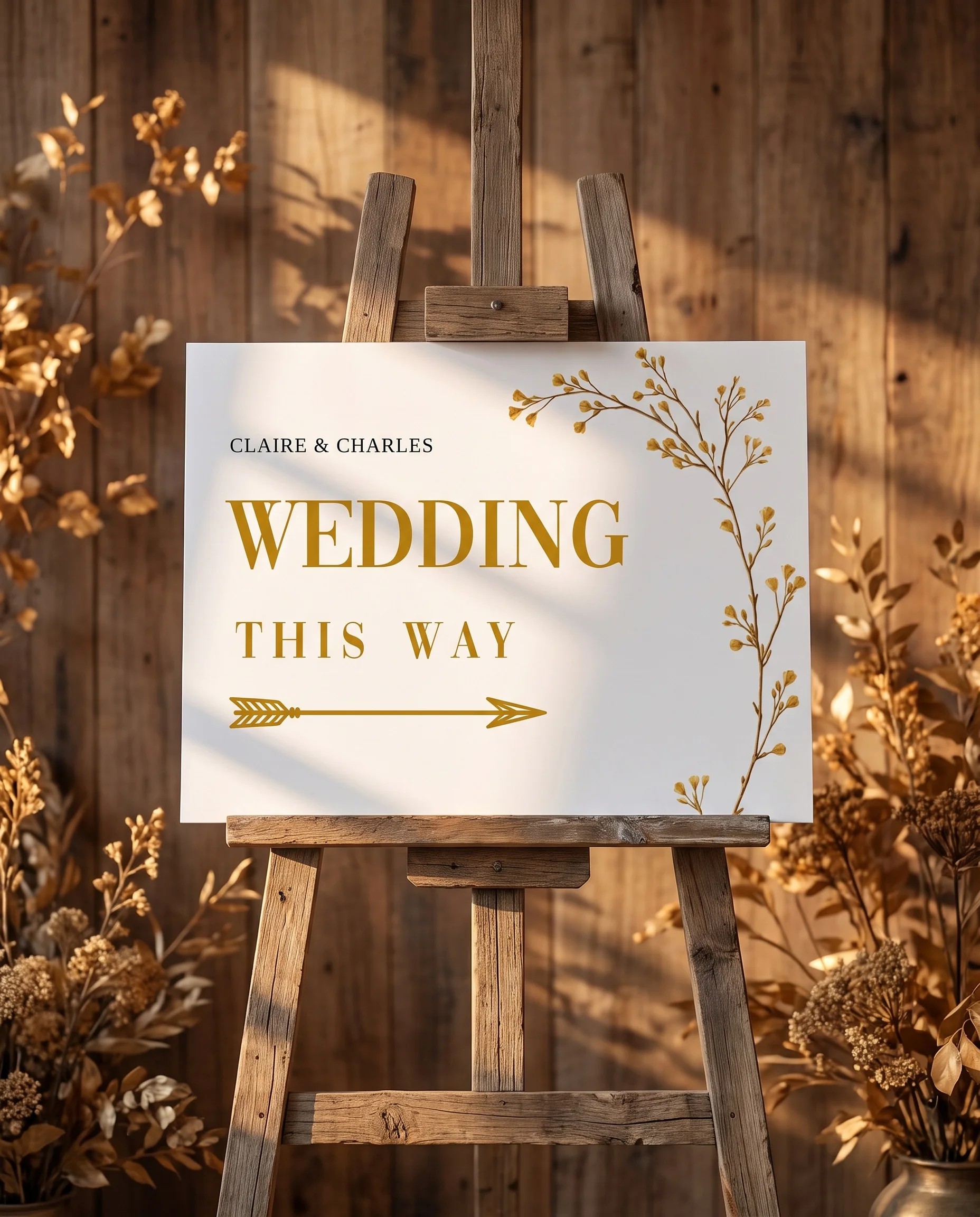 Golden Vine wedding directional sign — displayed on an easel under soft natural light at a slight overhead angle, wedding signs