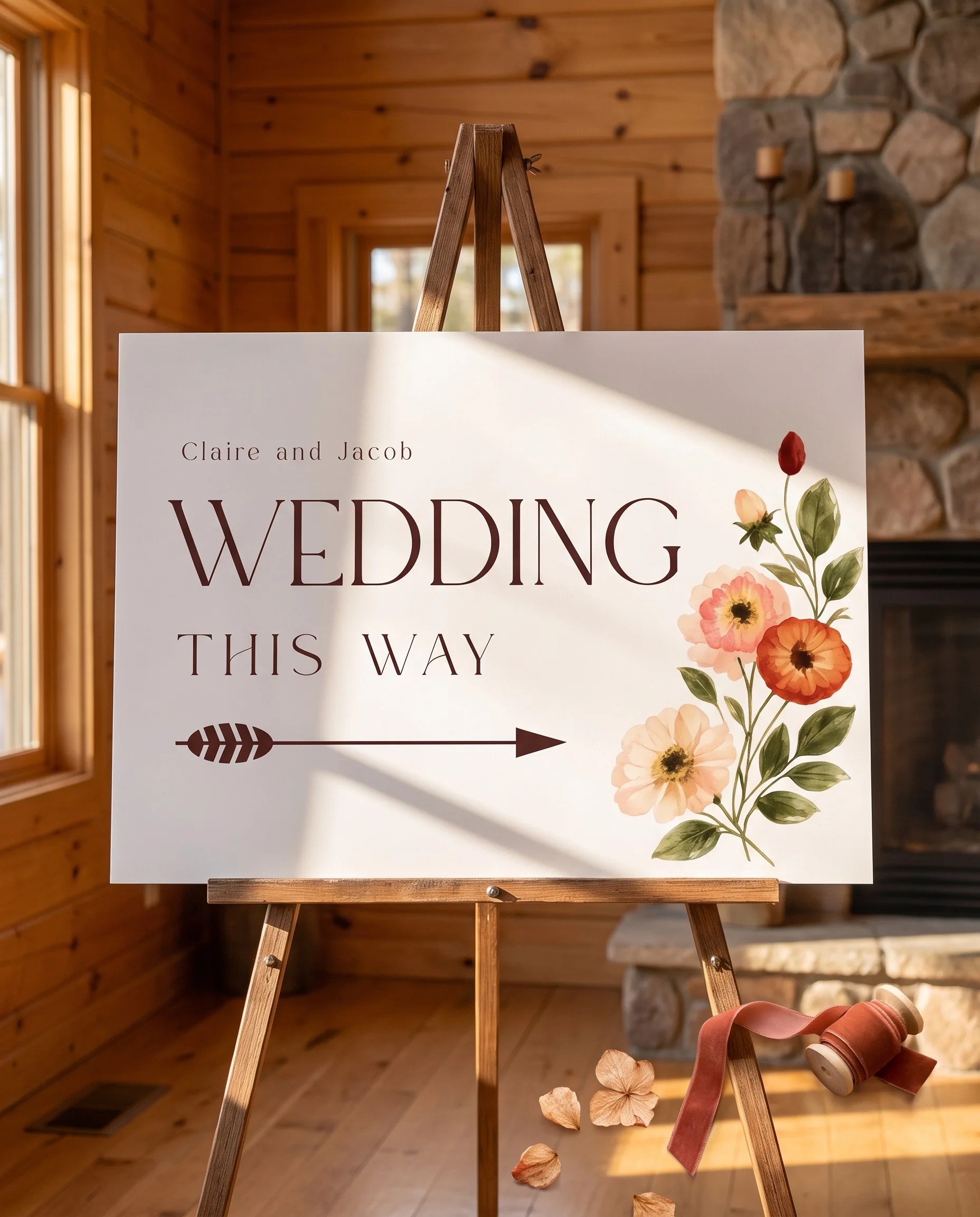 Eucalyptus Bloom wedding directional sign — displayed on an easel under soft natural light on premium editorial paper, wedding signs
