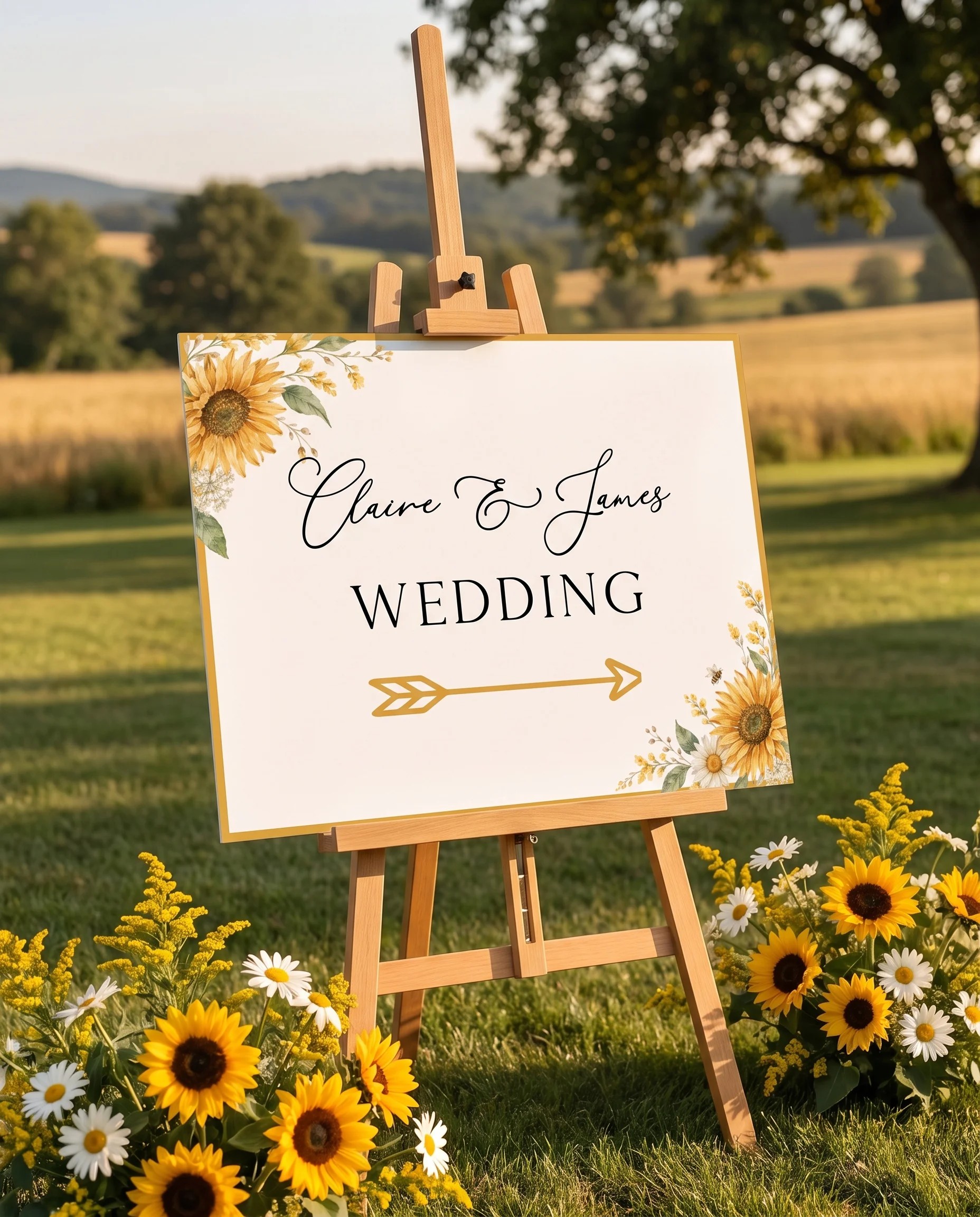 Honeyfield wedding directional sign — displayed in a wedding venue setting under soft natural overhead light, wedding signage.