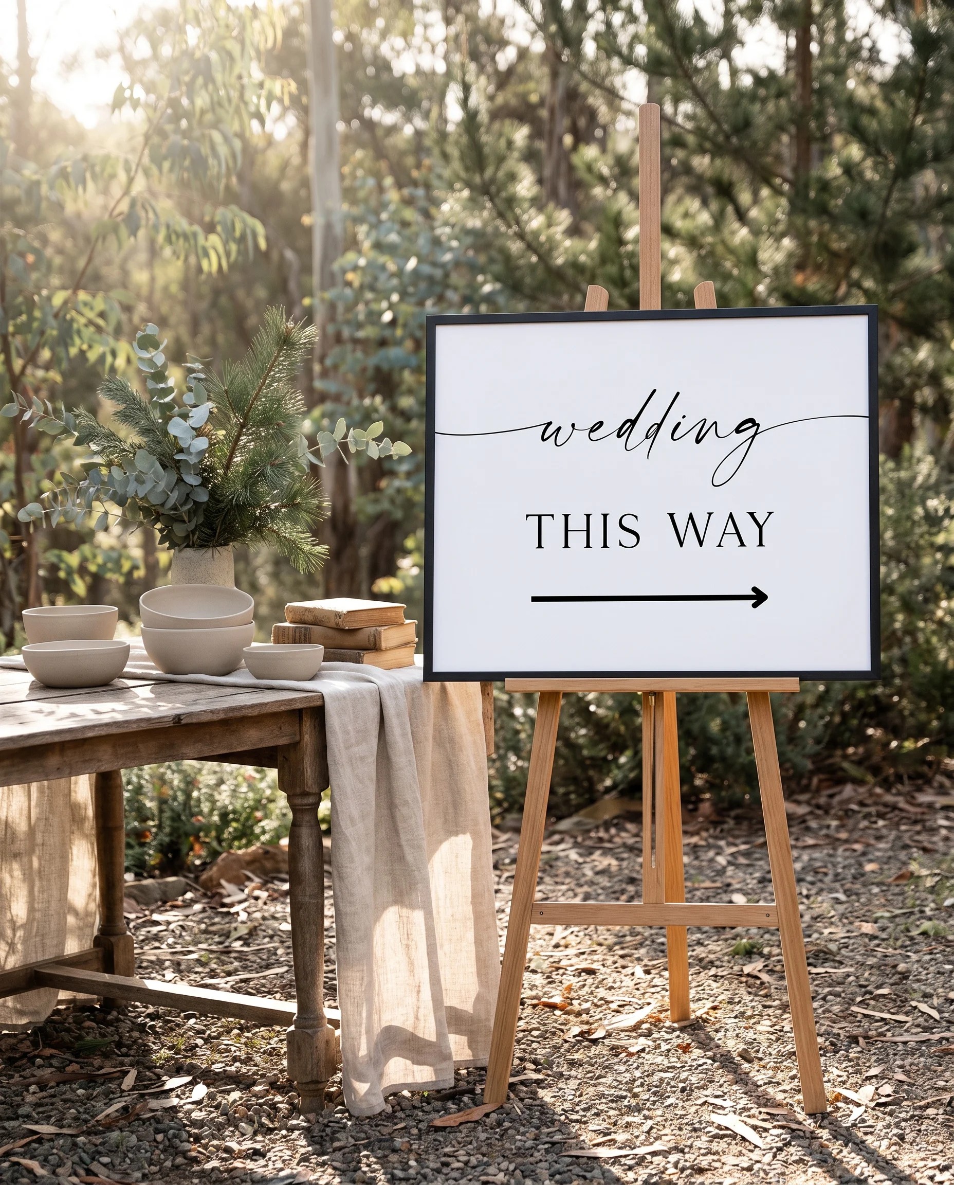 Lumen Frame wedding directional sign — single page shown beside furniture for scale under soft natural light, printable wedding signs.