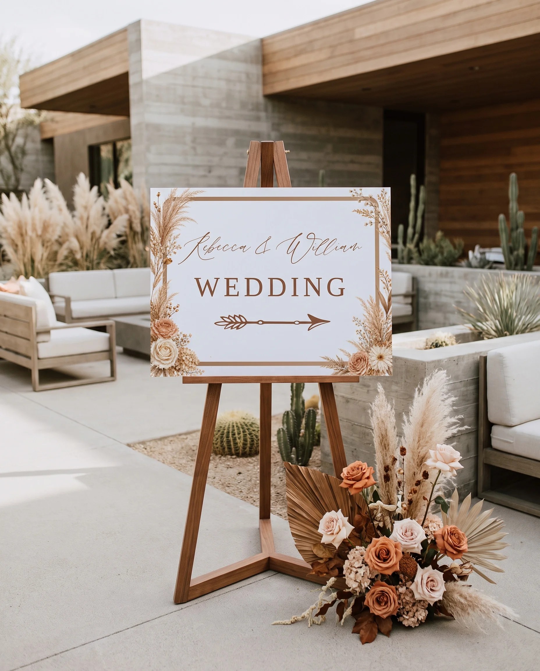 Pampas Hush wedding directional sign — displayed in a wedding venue setting under soft natural light, premium editorial wedding signage.