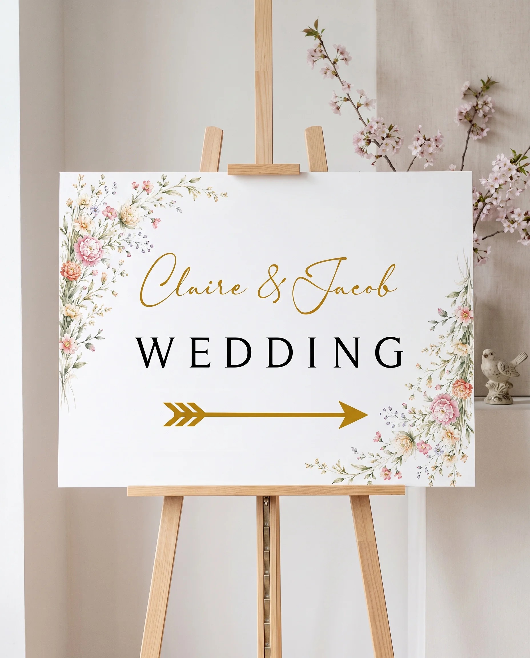 Petal Arbor wedding directional sign — shown beside furniture for scale under soft natural light, printable wedding signs.