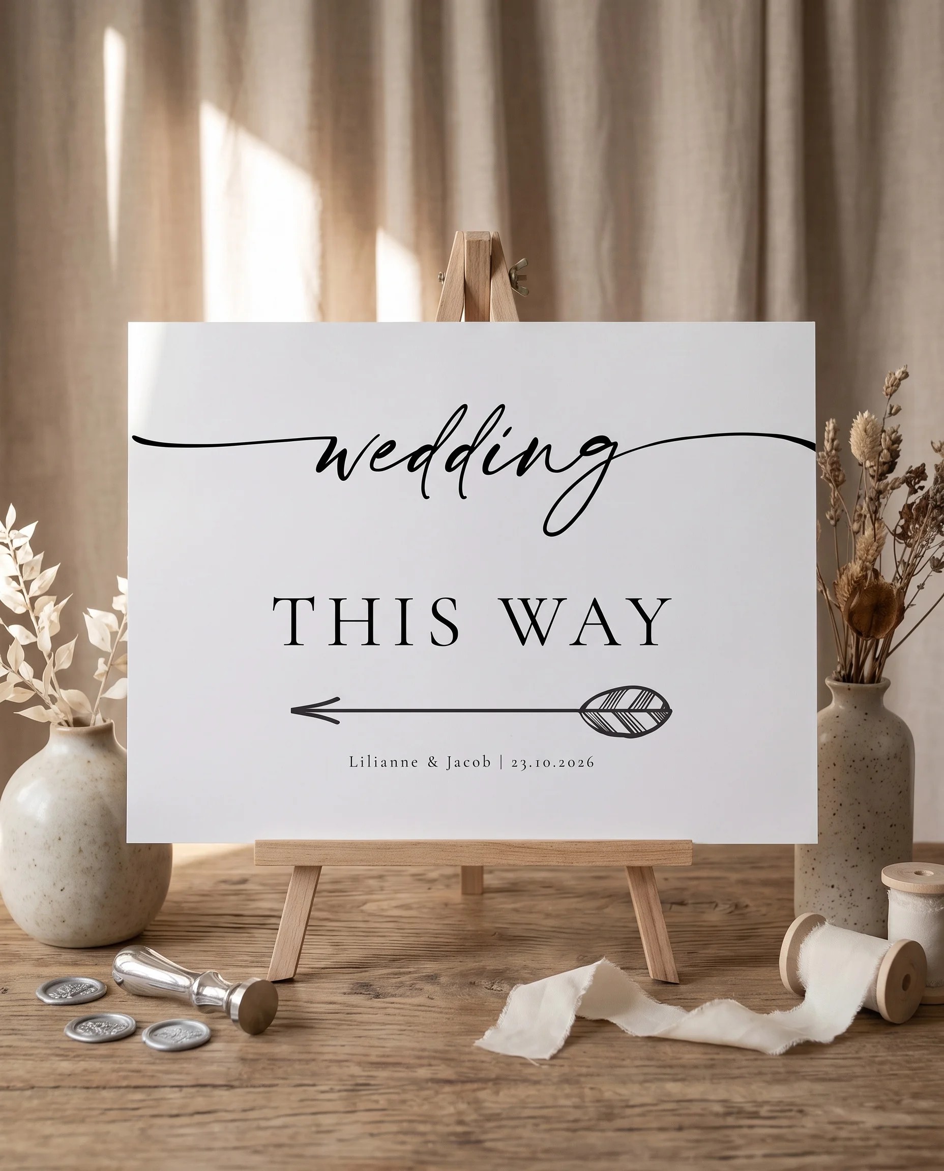 Tonal Reply wedding directional sign — displayed on an easel with soft natural light and a slight overhead angle, wedding signs