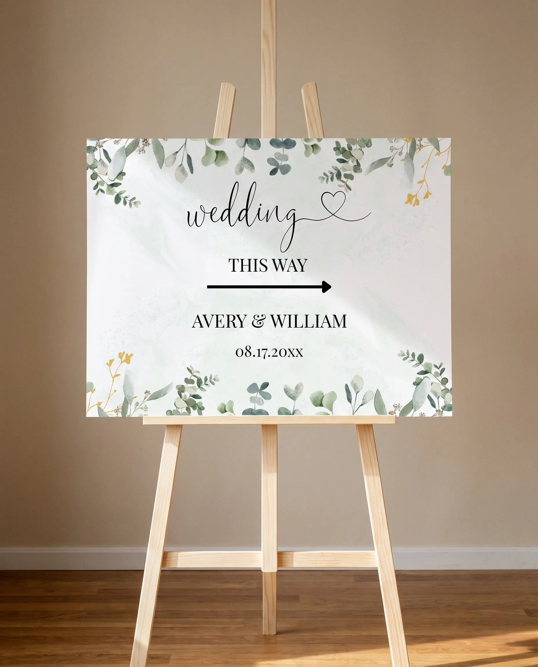 Eucalyptus Gold wedding directional sign — displayed on an easel under soft natural light at a slight overhead angle, wedding signs
