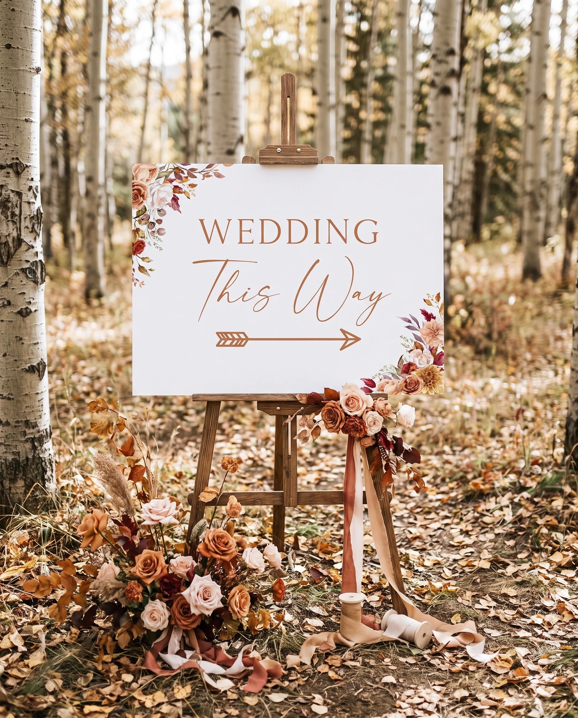 Autumn Bloom wedding directional sign — displayed in a wedding venue setting under soft natural light, wedding signage.