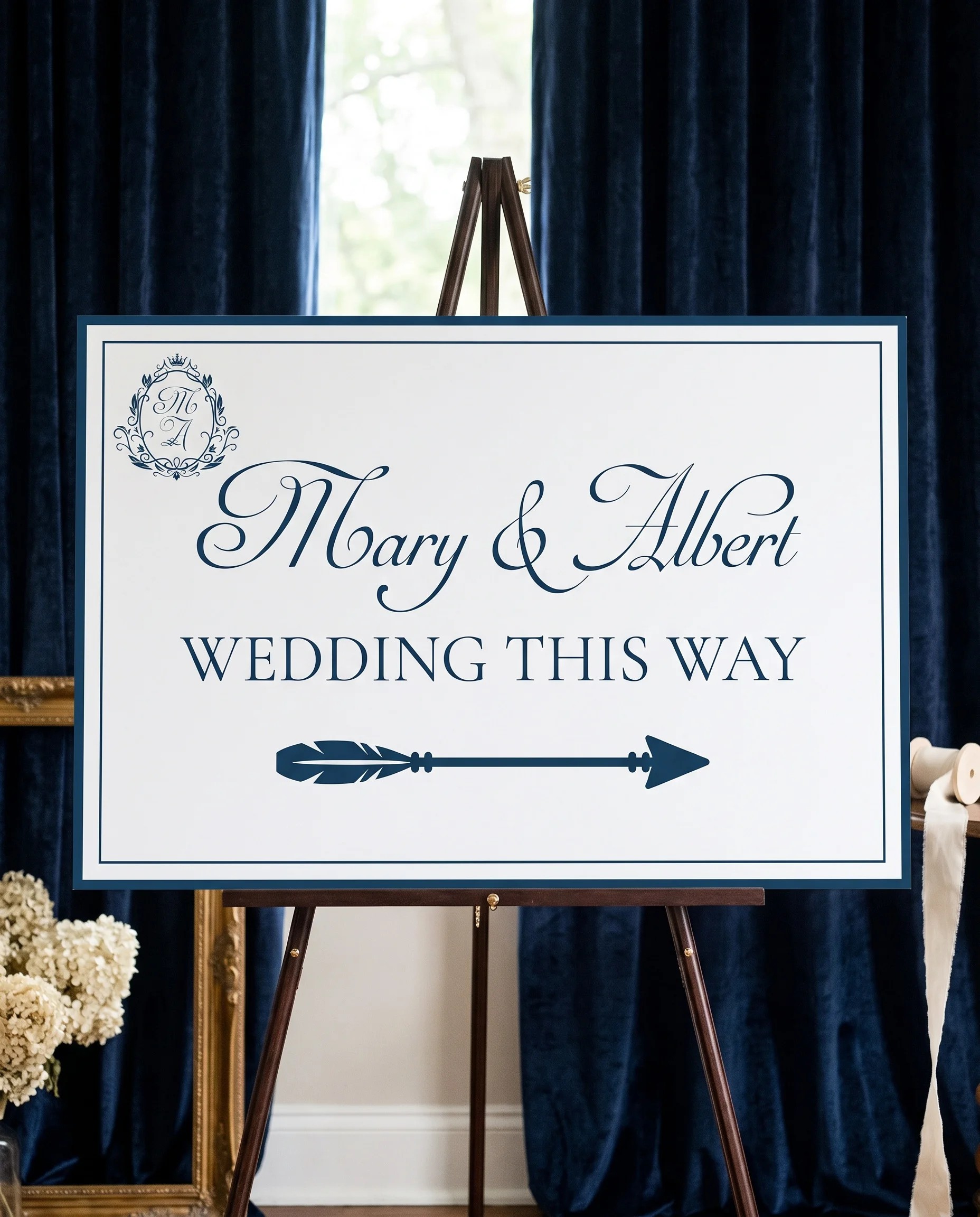 Windsor Crown wedding directional sign — displayed on an easel under soft natural light, premium editorial paper, wedding signs