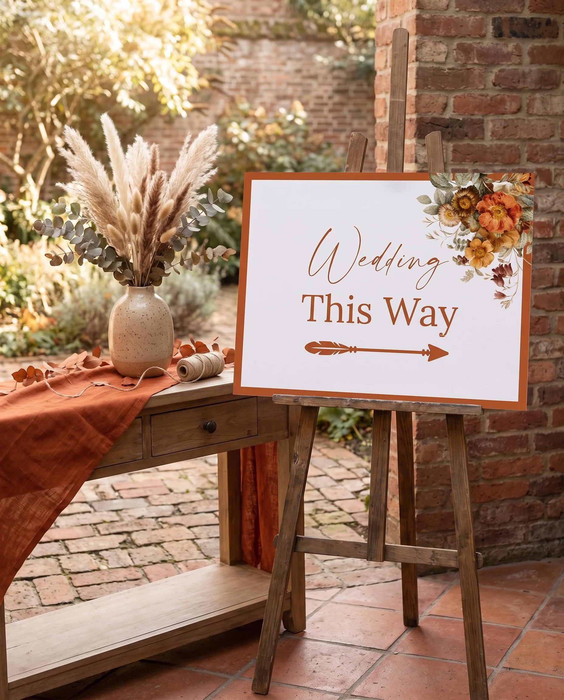 Terracotta Crown wedding directional sign — shown beside furniture for scale under soft natural light, printable wedding signs.