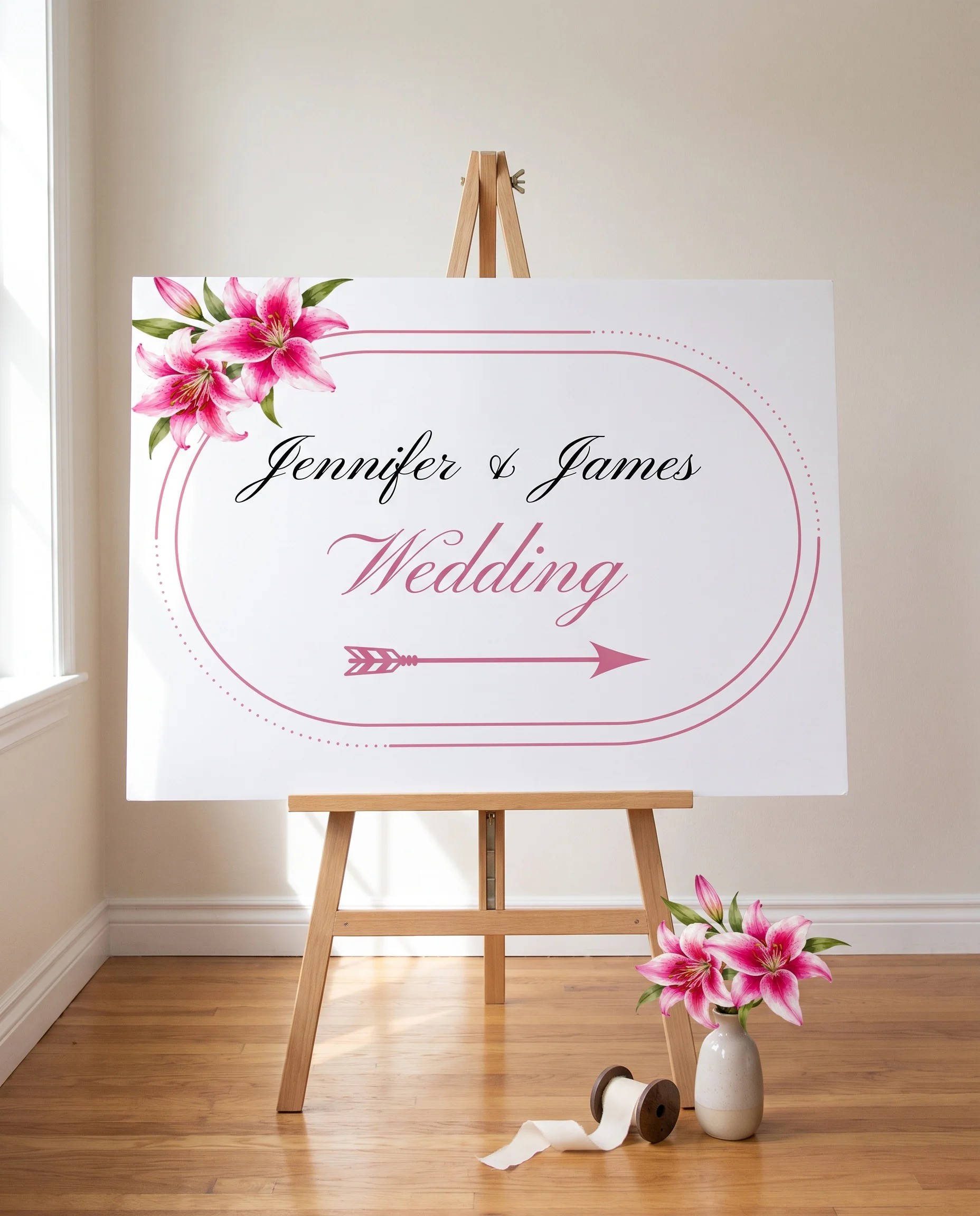 Lily Bloom wedding directional sign — displayed on an easel under soft natural light with a slight overhead angle, wedding signs.