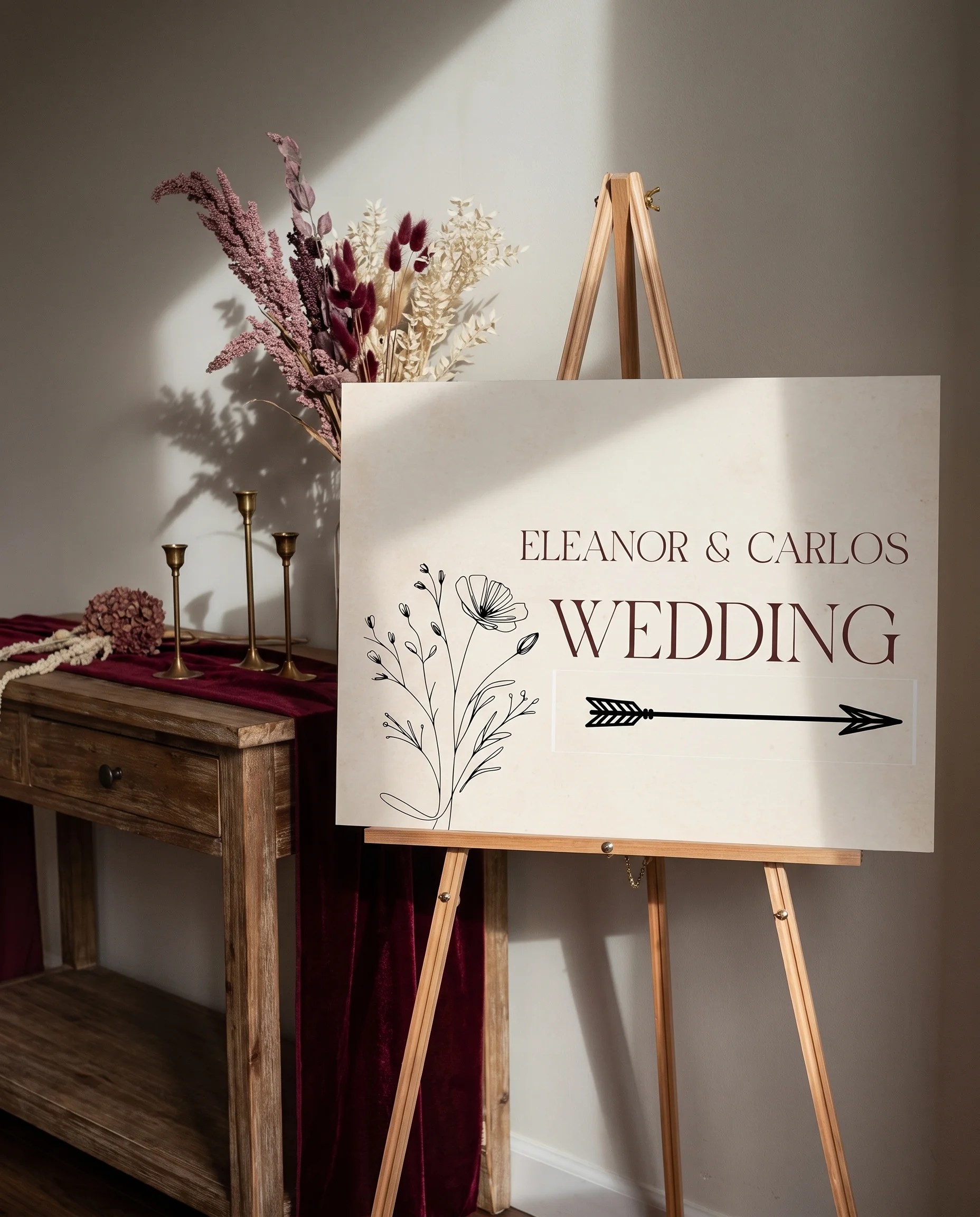 Heritage Bloom wedding directional sign — single sheet displayed beside furniture for scale, softly lit from a slight overhead angle, printable wedding signs