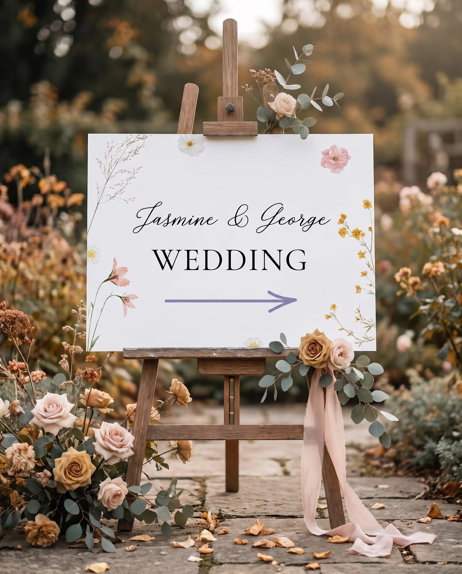 Marigold Petal wedding directional sign — displayed on an easel under soft natural light with a slight overhead angle, wedding signs