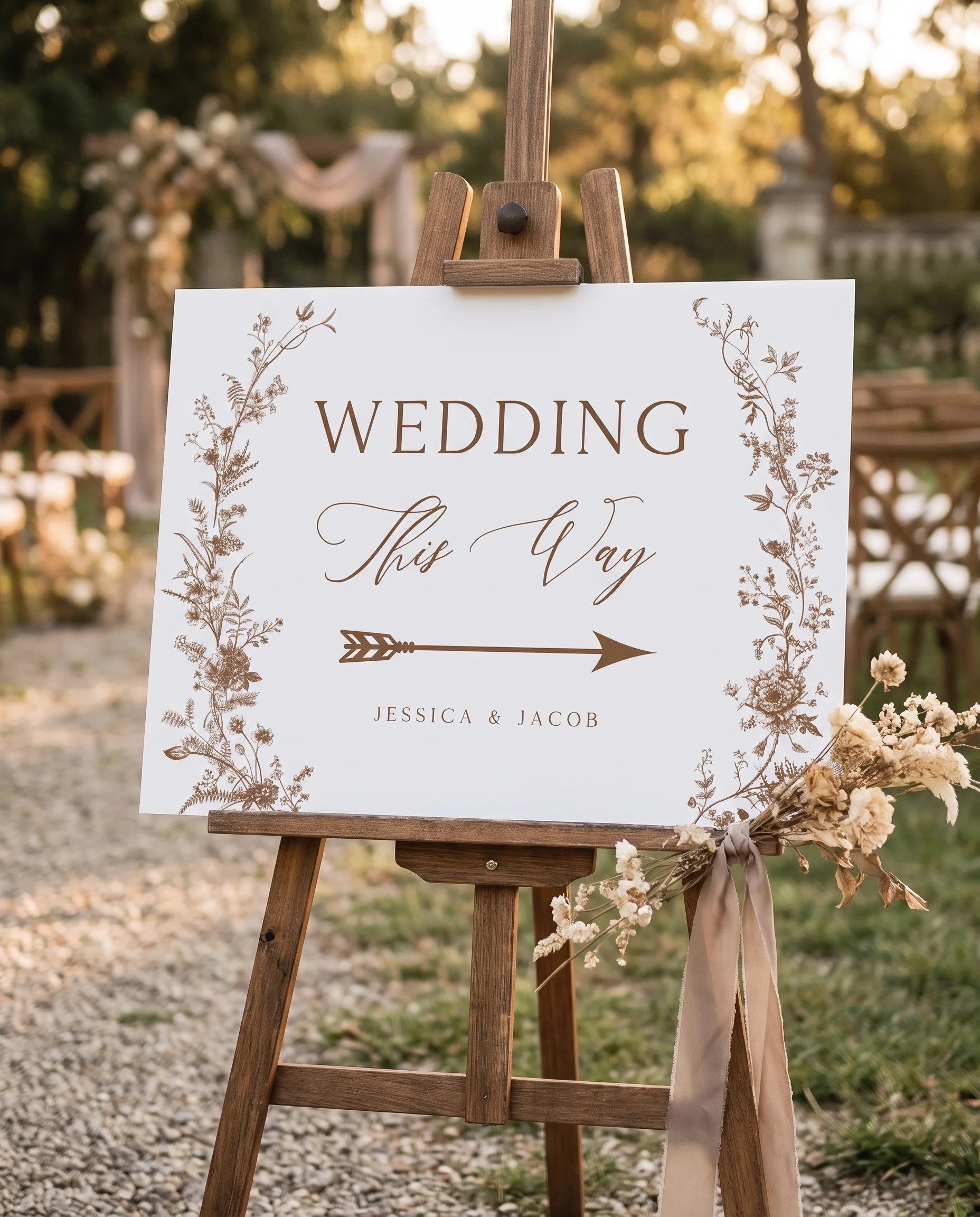 Sepia Crest wedding directional sign — displayed in a wedding venue setting under soft natural light, wedding signage.