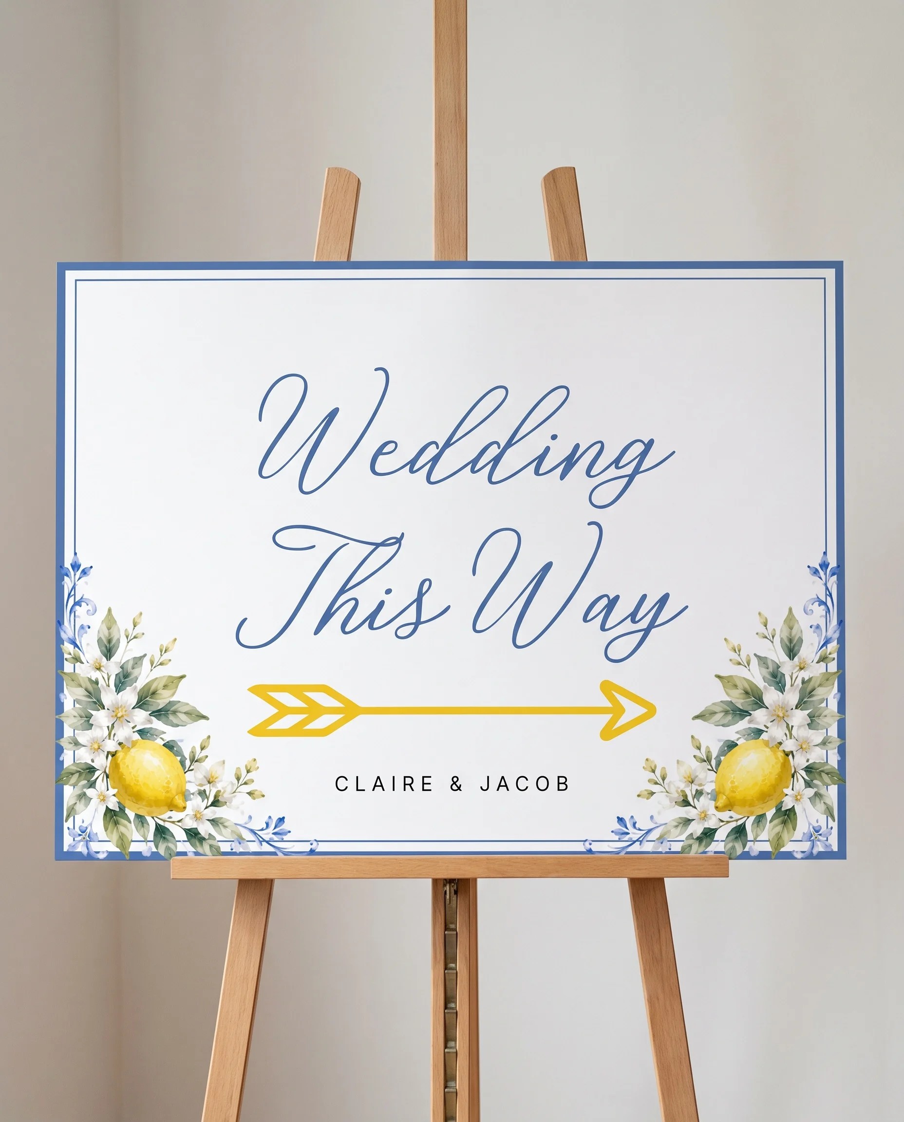 Amalfi Grove wedding directional sign — displayed on an easel under soft natural light with a slight overhead angle, wedding signs.