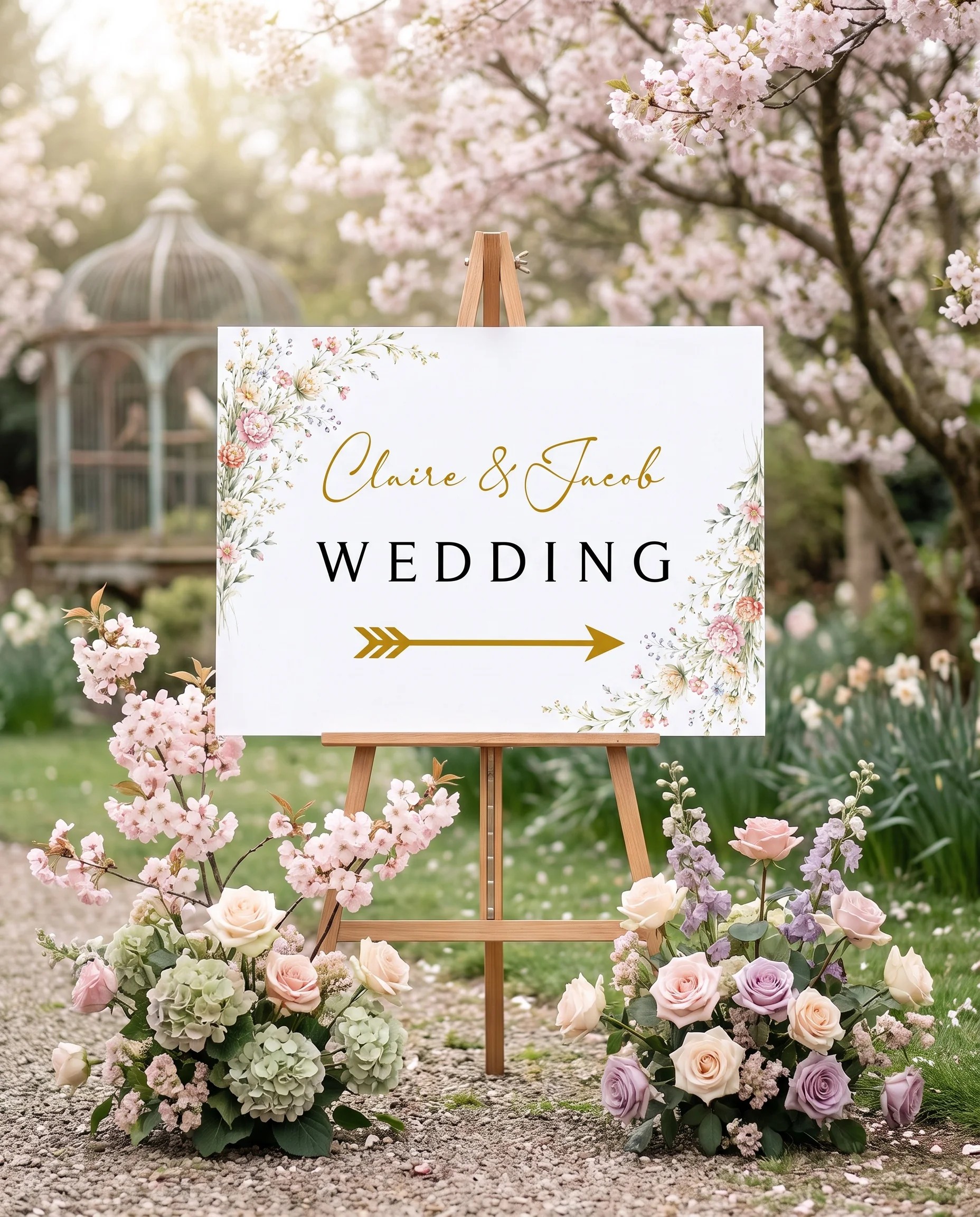 Petal Arbor wedding directional sign — displayed in a wedding venue setting under soft natural light, elegant wedding signage.