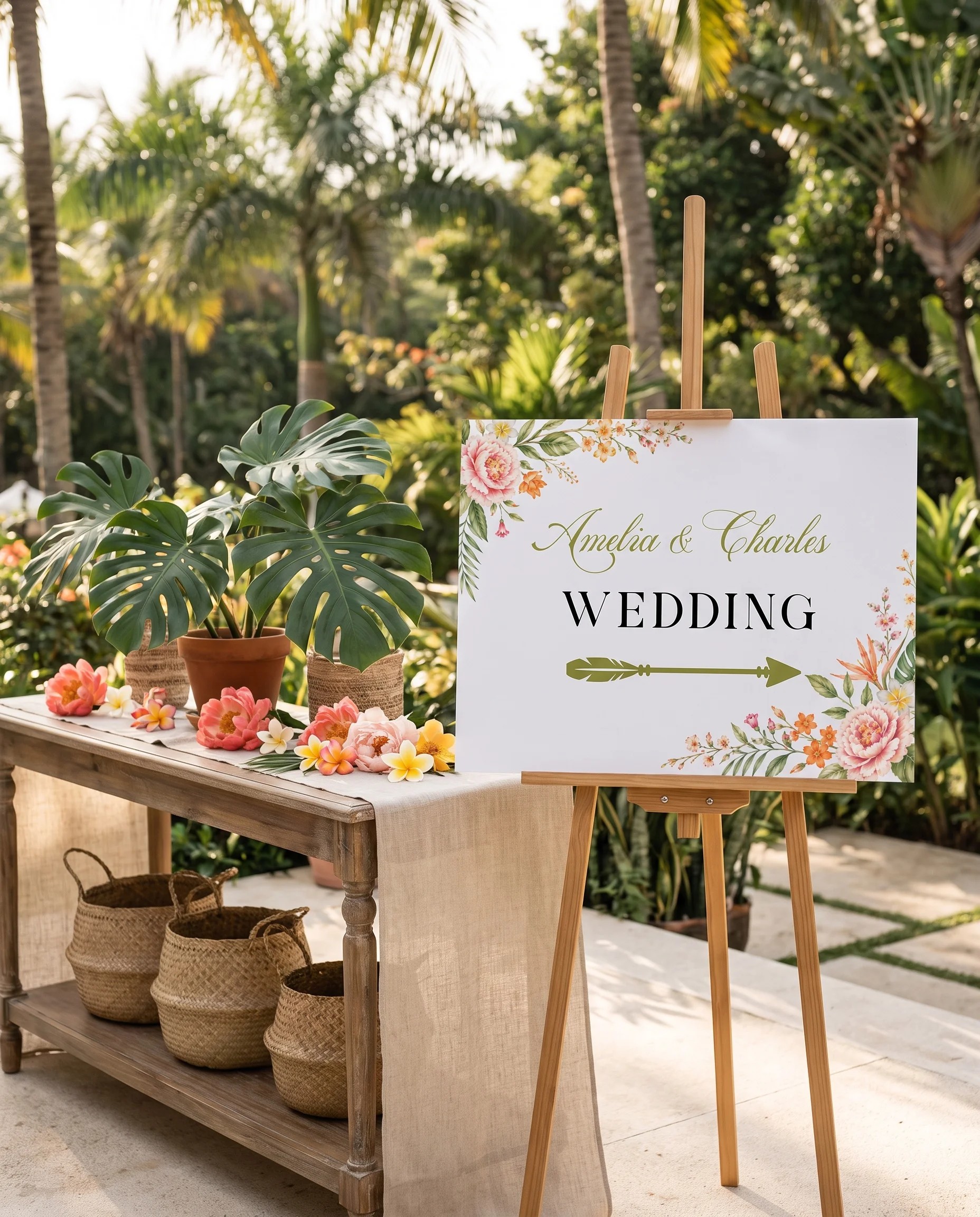 Plumeria Peony wedding directional sign — shown beside furniture for scale under soft natural light on premium editorial paper, printable wedding signs