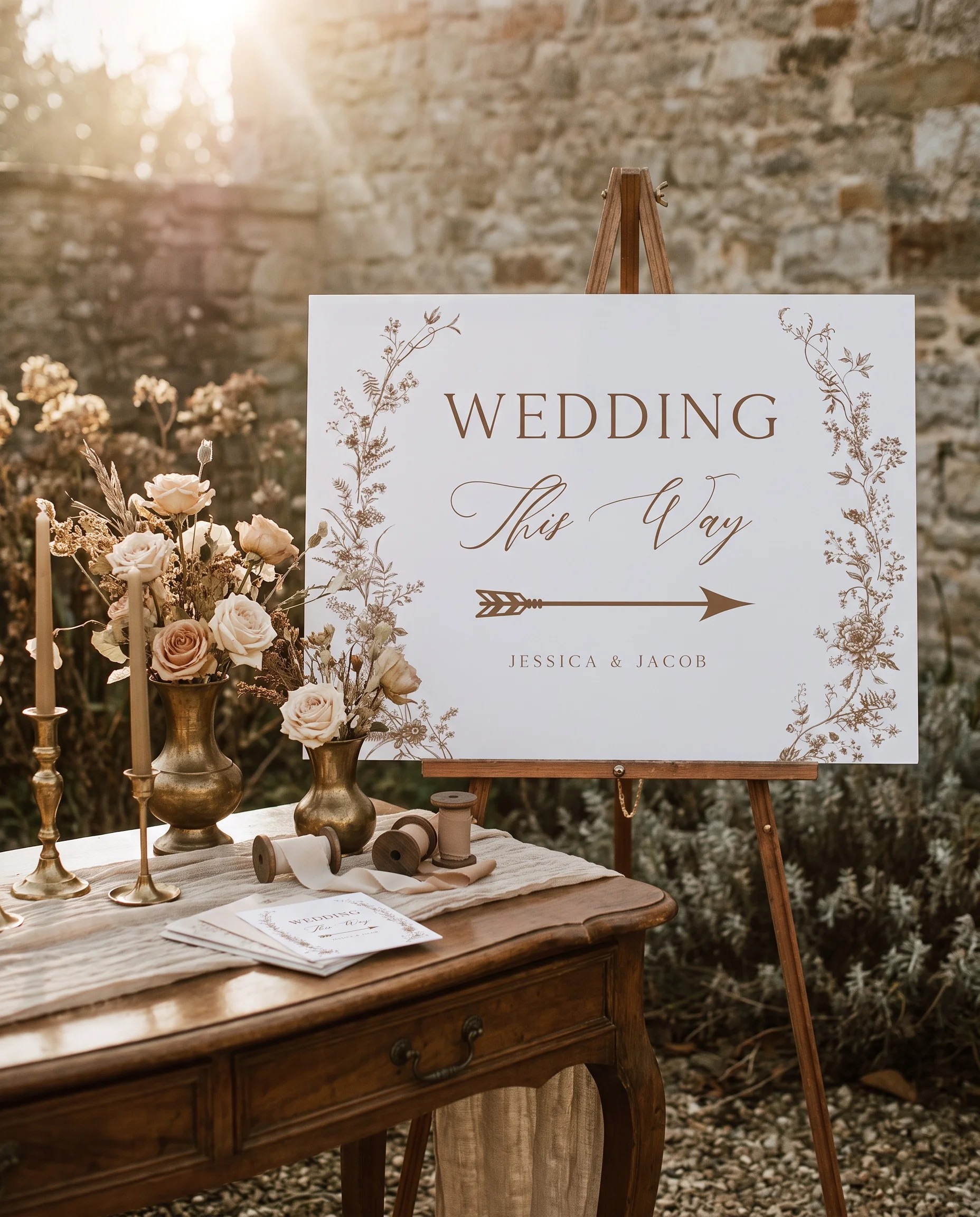 Sepia Crest wedding directional sign — displayed beside furniture for scale on premium editorial paper under soft natural light, printable wedding signs.