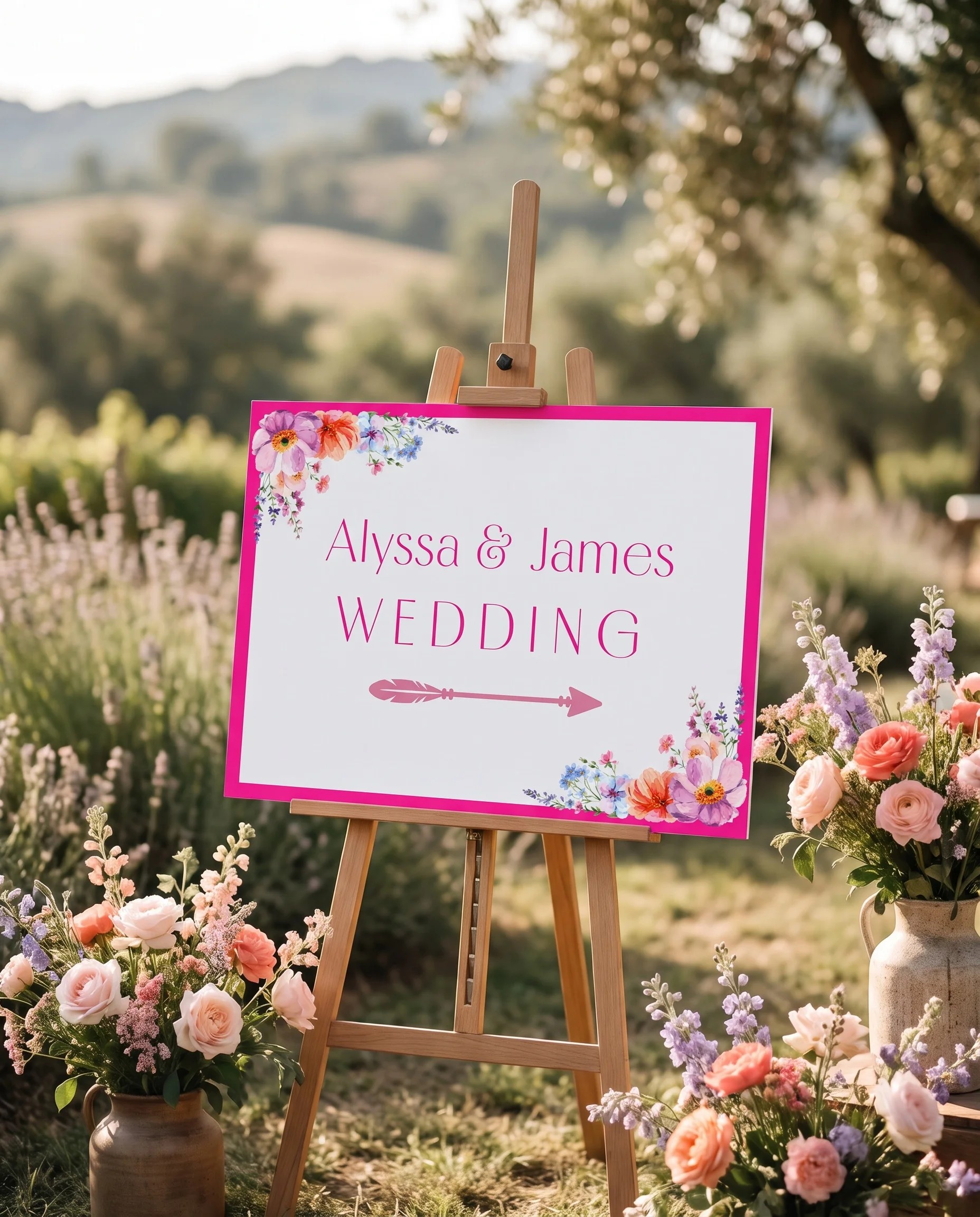 Wildmeadow Bouquet wedding directional sign — displayed in a wedding venue setting under soft natural light, wedding signage.