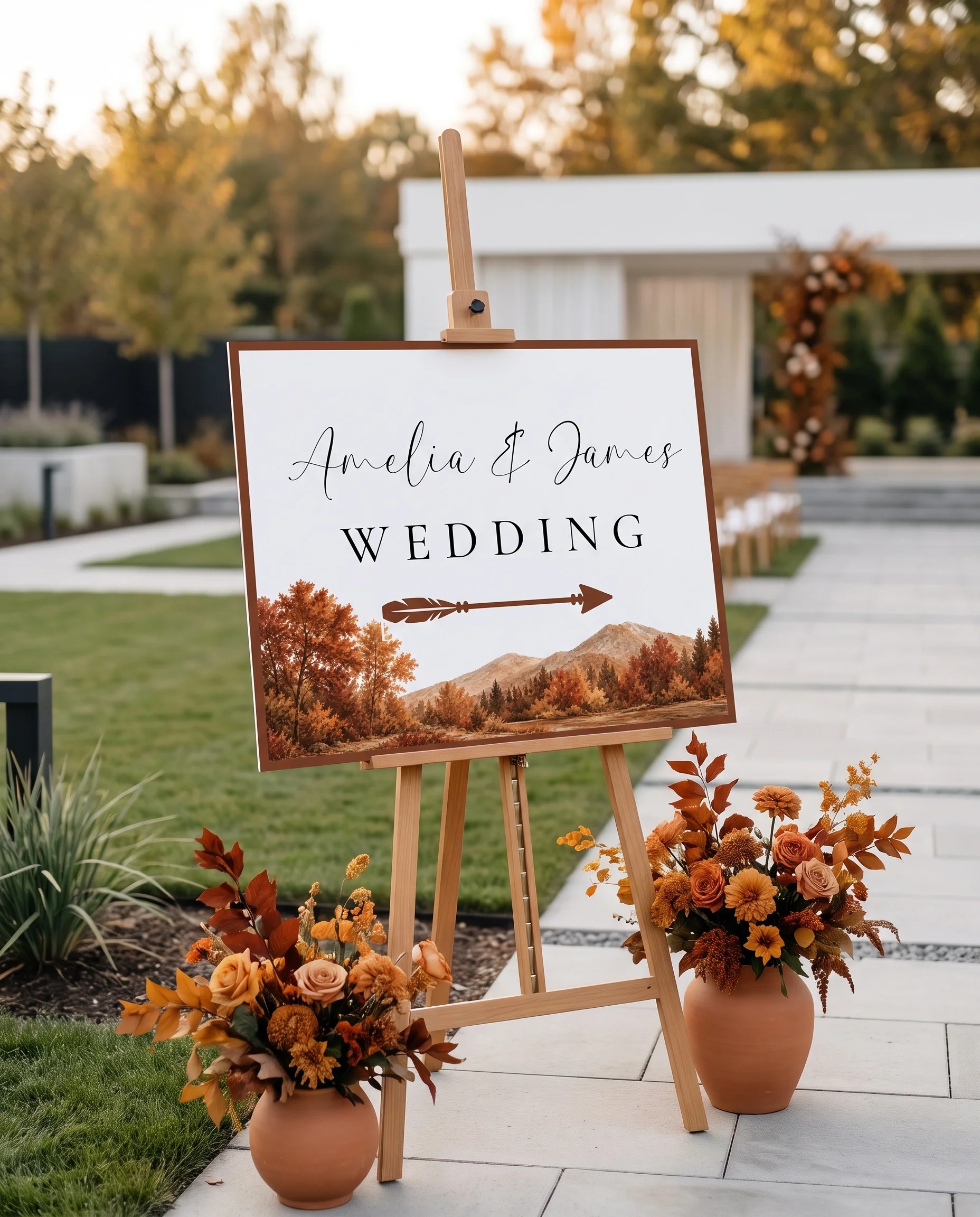 Timberline Reverie wedding directional sign — displayed in a wedding venue setting under soft natural light with a slight overhead angle, wedding signage.