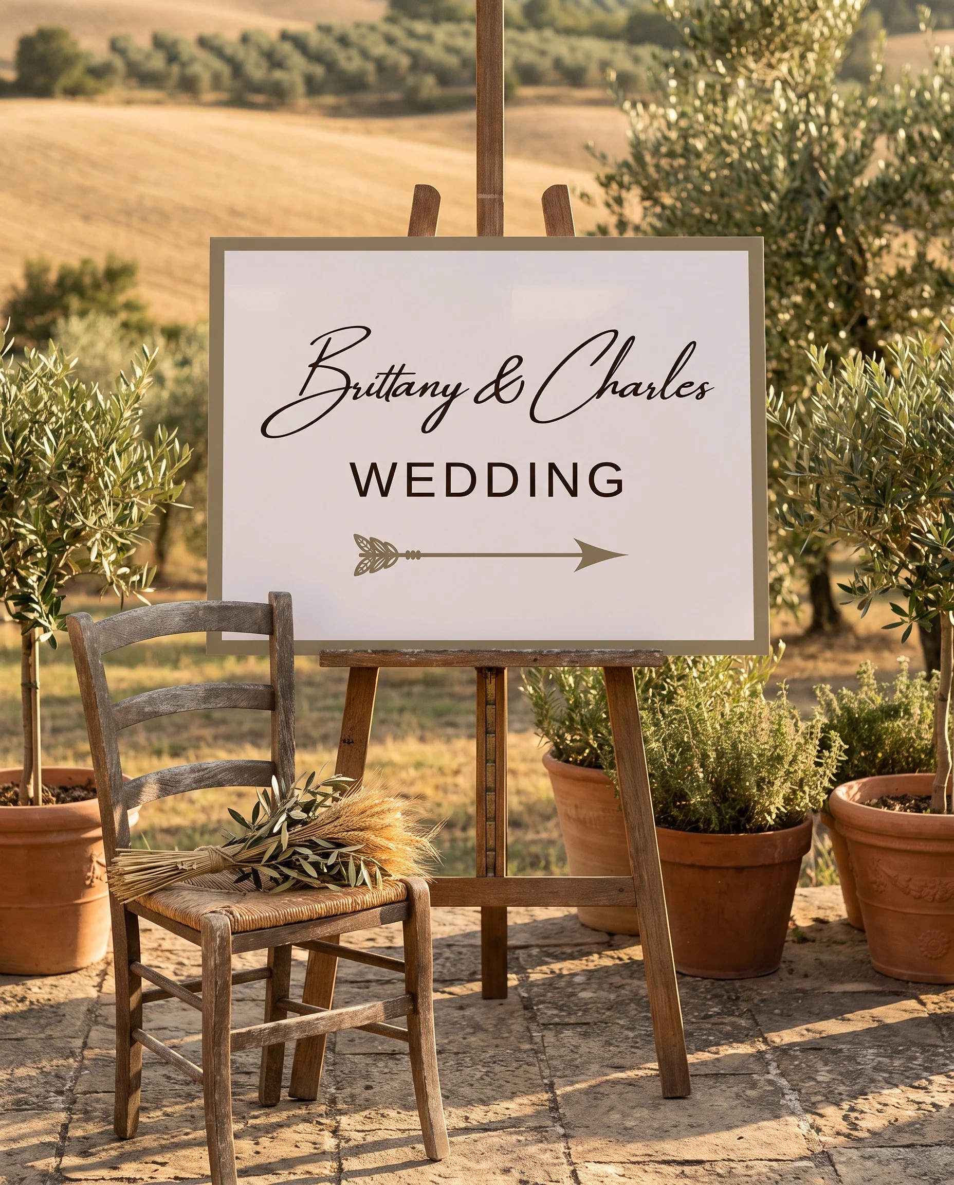 Golden Vale wedding directional sign — shown beside furniture for scale on premium editorial paper under soft natural light, printable wedding signs
